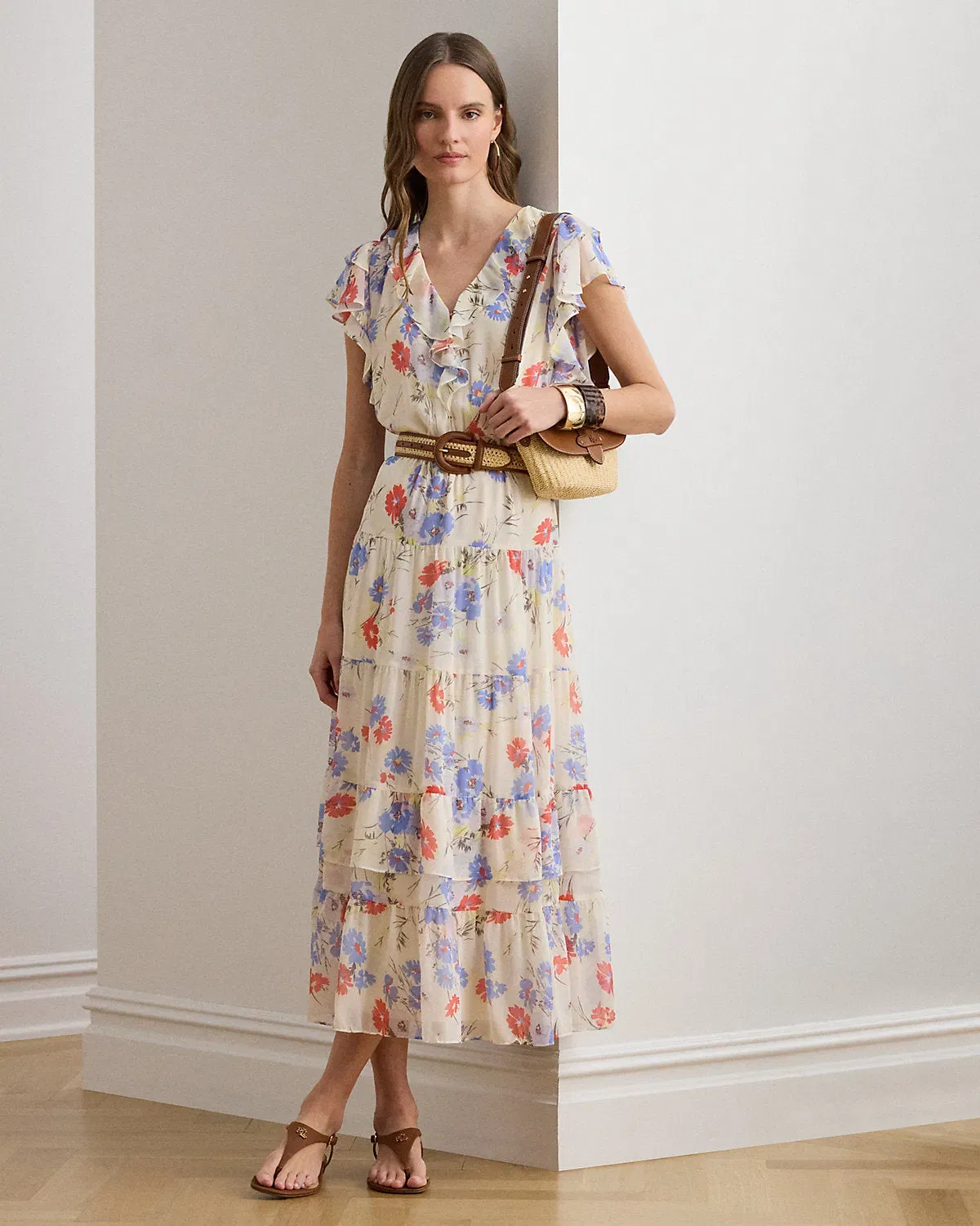 Ralph Lauren Floral Belted Georgette Tiered Dress