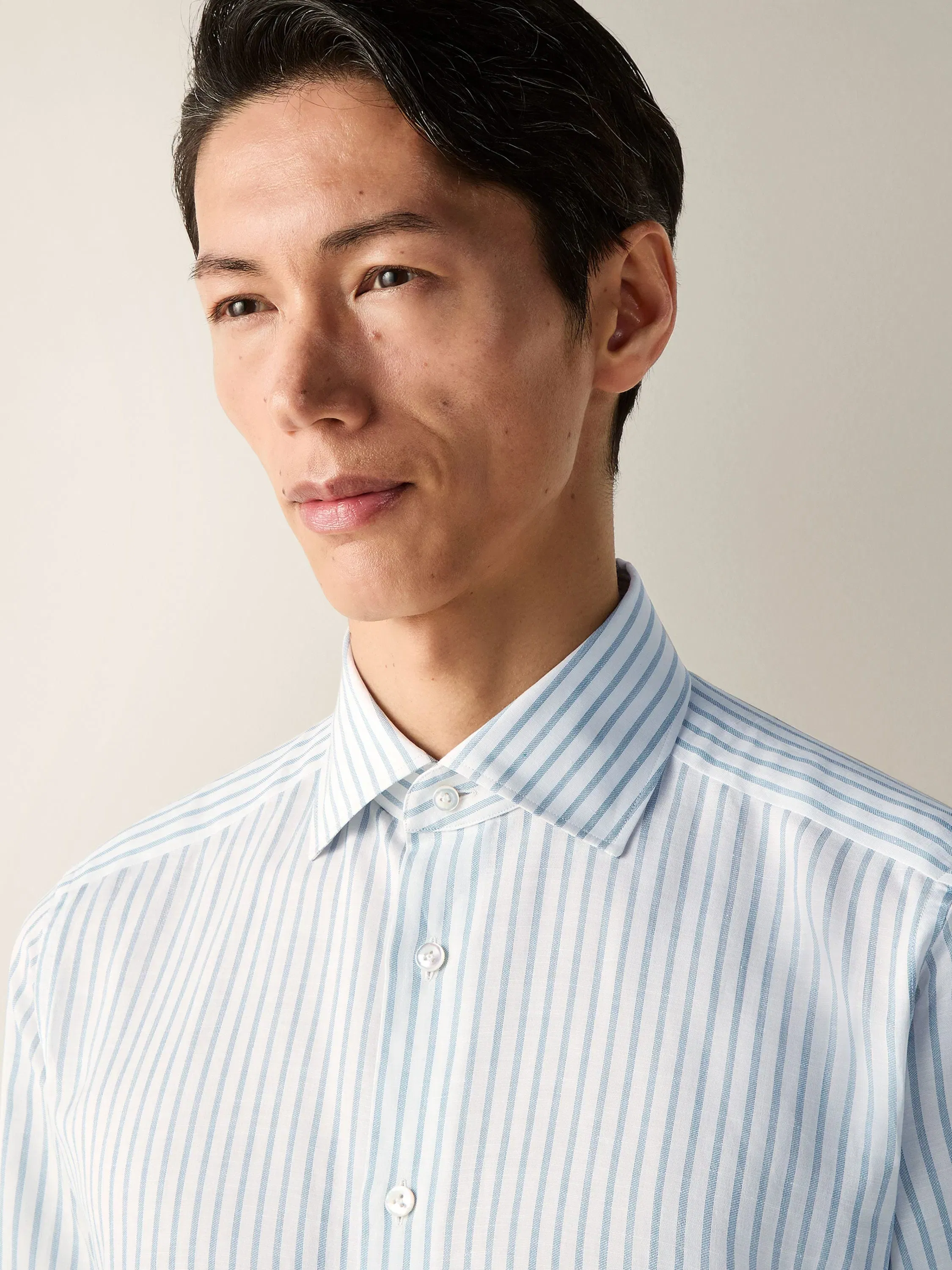 Zegna Teal Blue And White Striped Cotton Linen And Silk Shirt