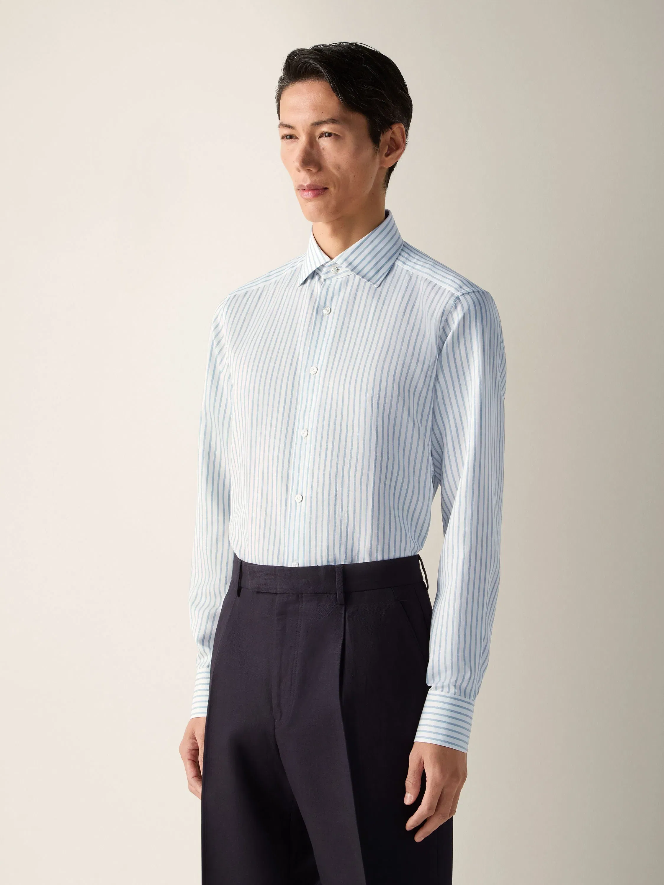 Zegna Teal Blue And White Striped Cotton Linen And Silk Shirt
