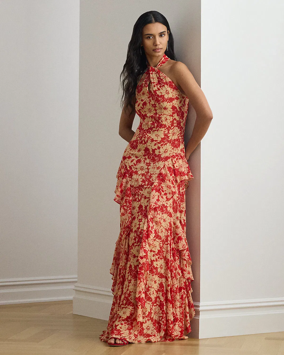Ralph Lauren Floral RuffleTrim Georgette Halter Gown
