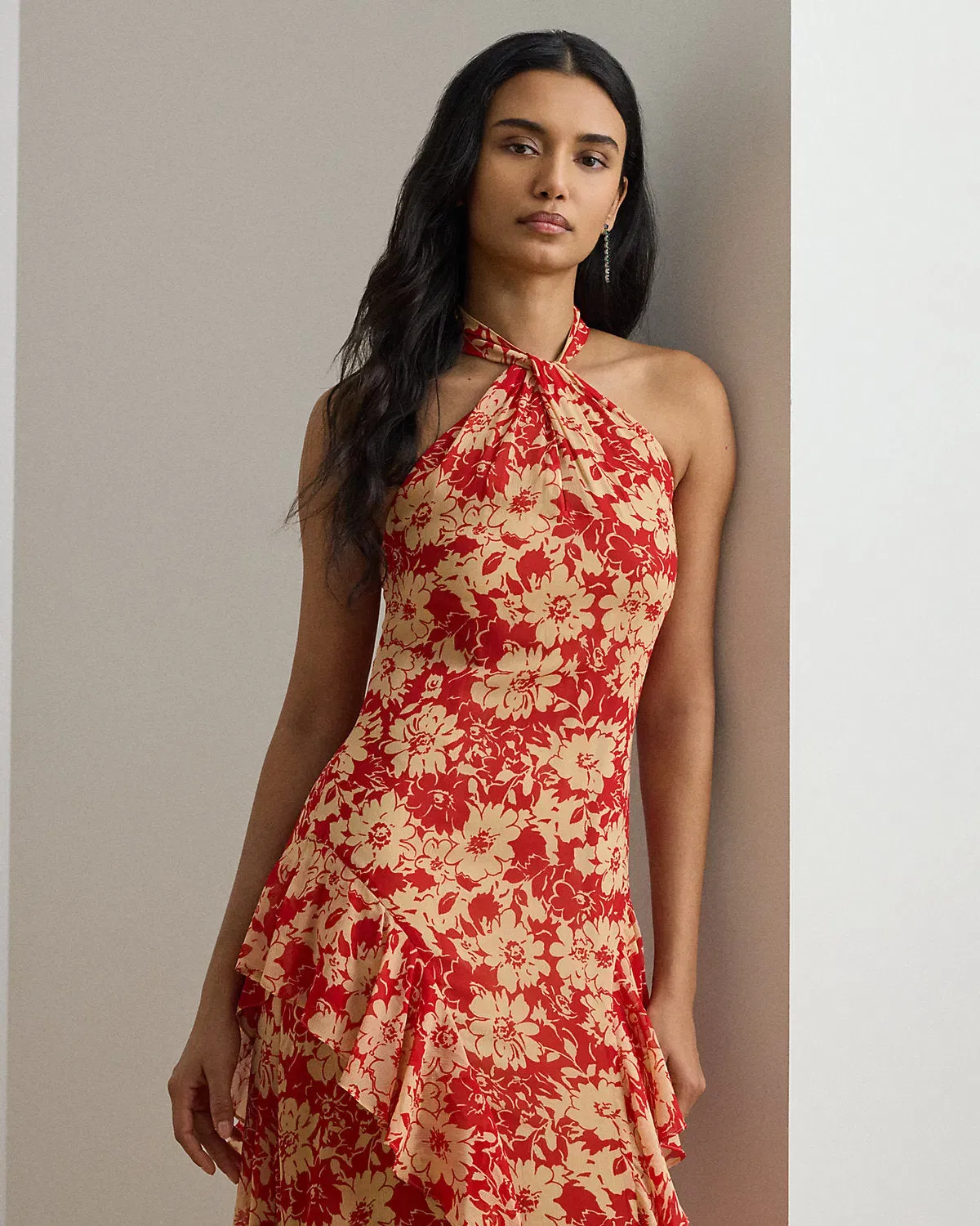 Ralph Lauren Floral RuffleTrim Georgette Halter Gown
