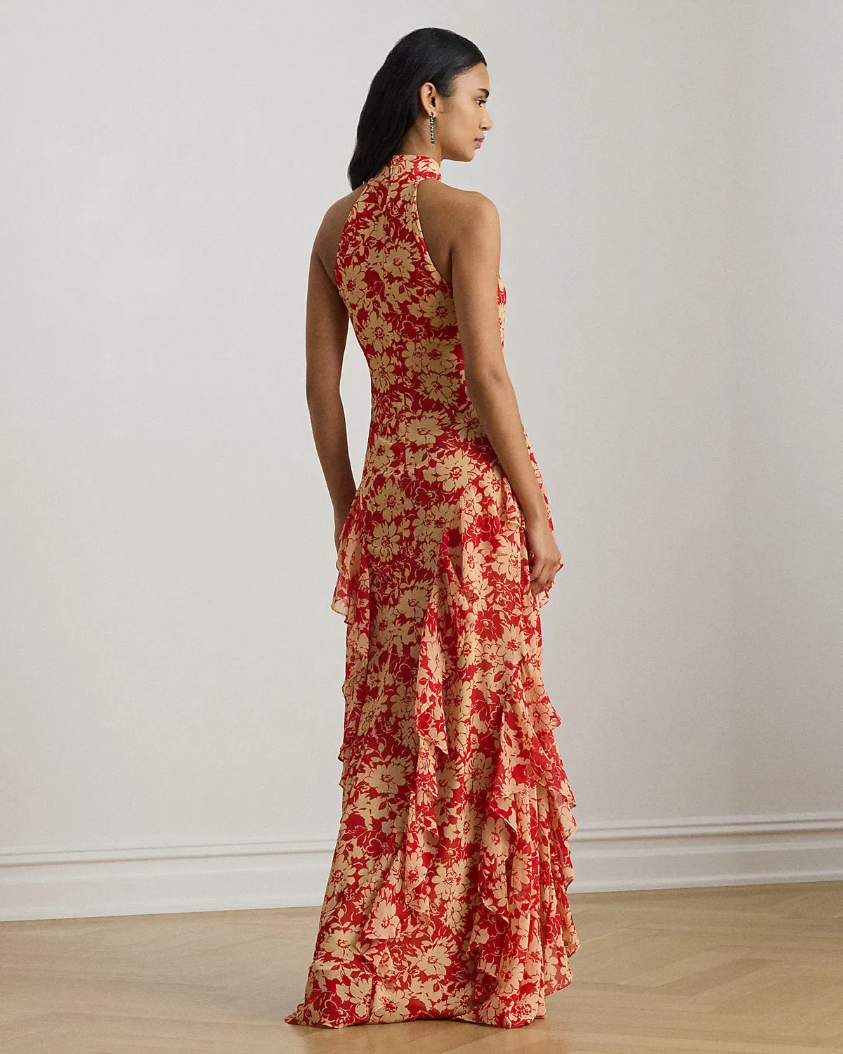 Ralph Lauren Floral RuffleTrim Georgette Halter Gown