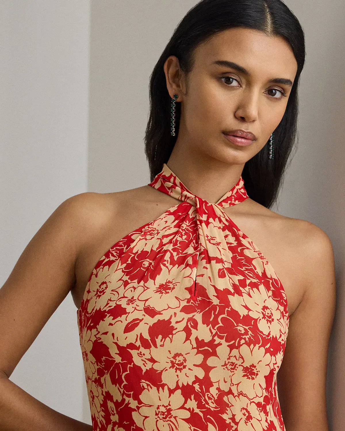 Ralph Lauren Floral RuffleTrim Georgette Halter Gown