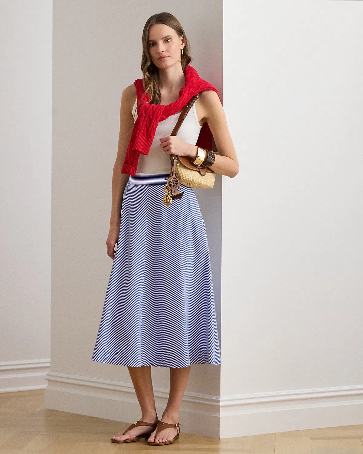 Ralph Lauren Striped Paneled Cotton Broadcloth Skirt