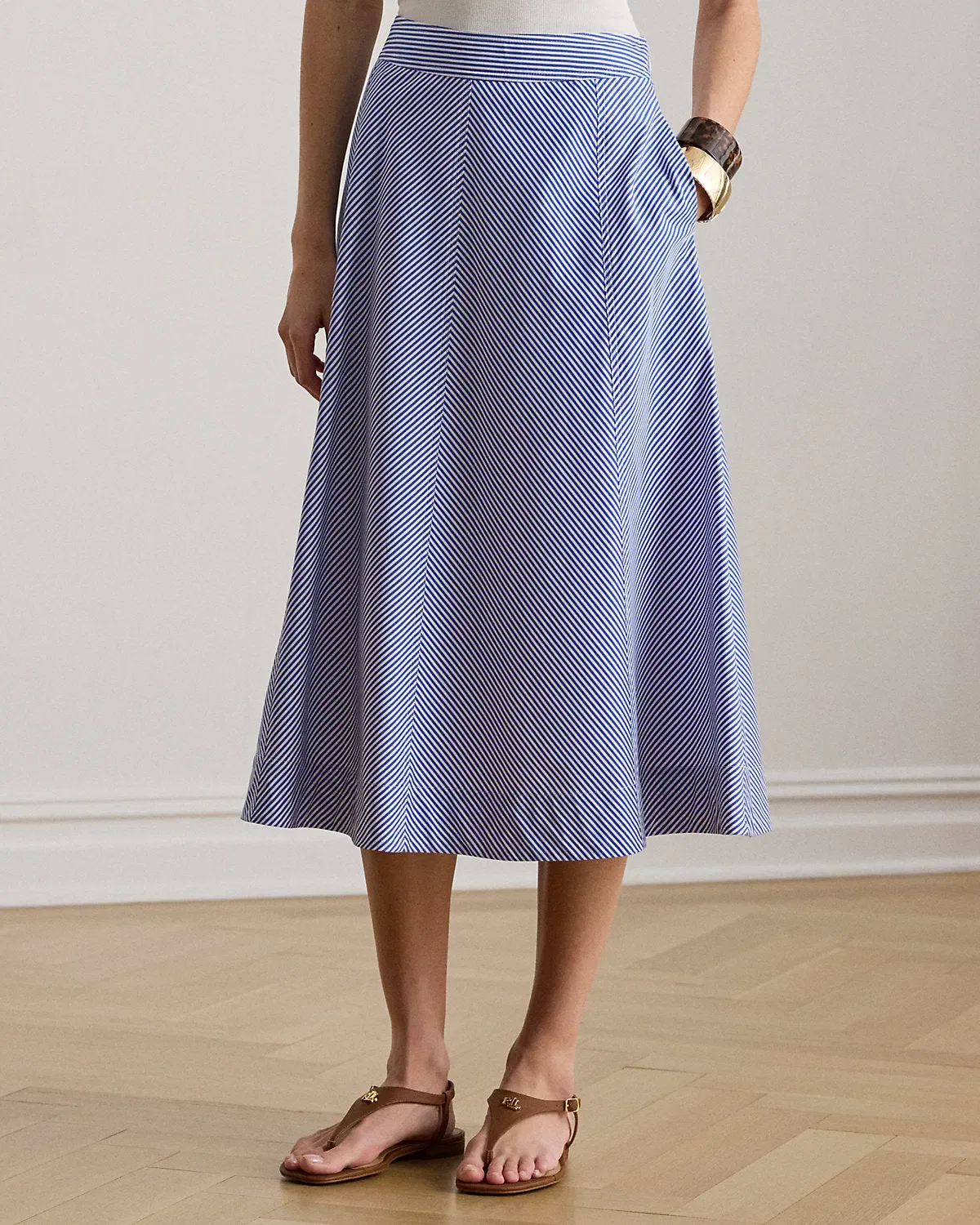 Ralph Lauren Striped Paneled Cotton Broadcloth Skirt