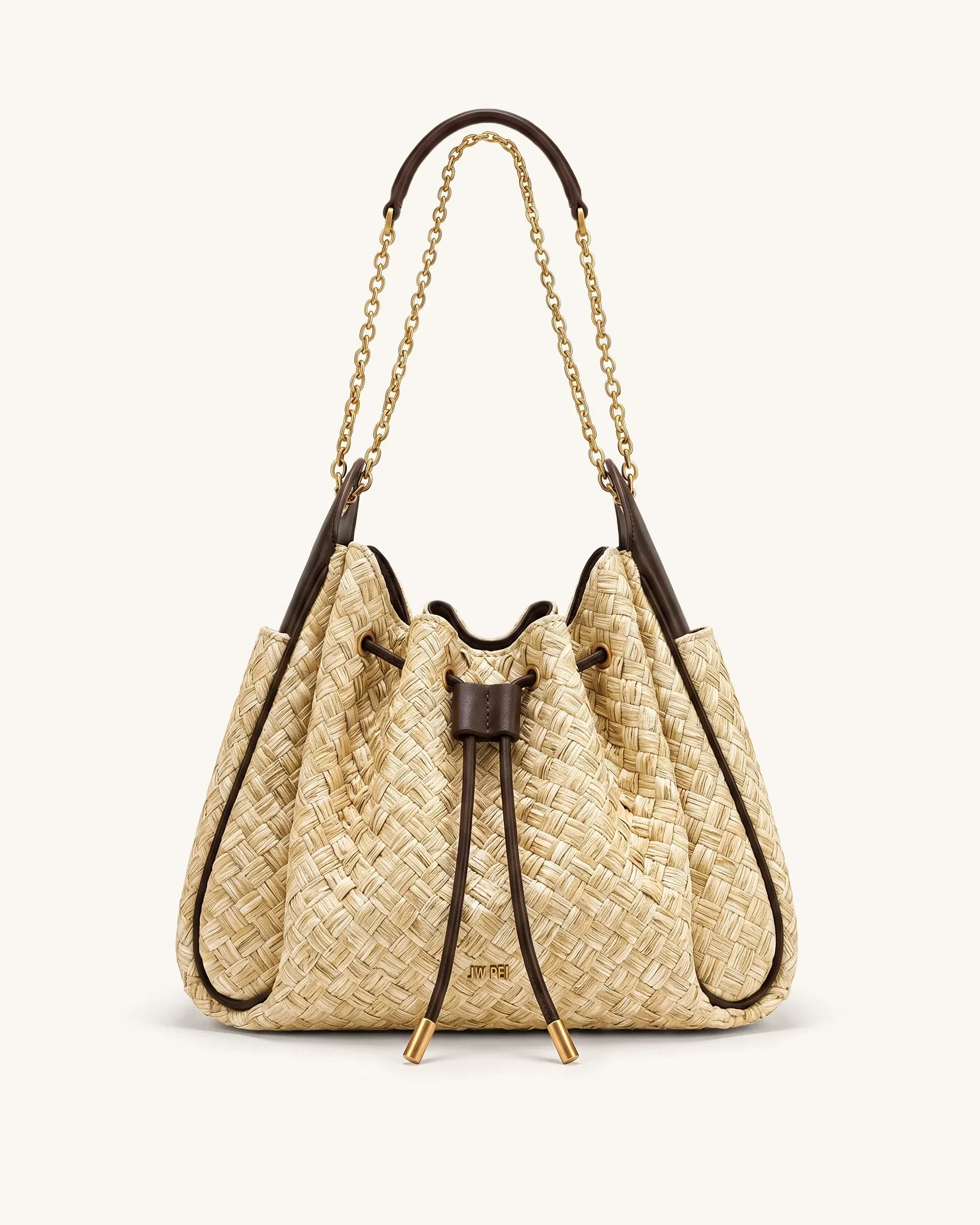 Jw Pei Rowan Faux Straw Ruched Drawstring Chain Bucket Bag Brown