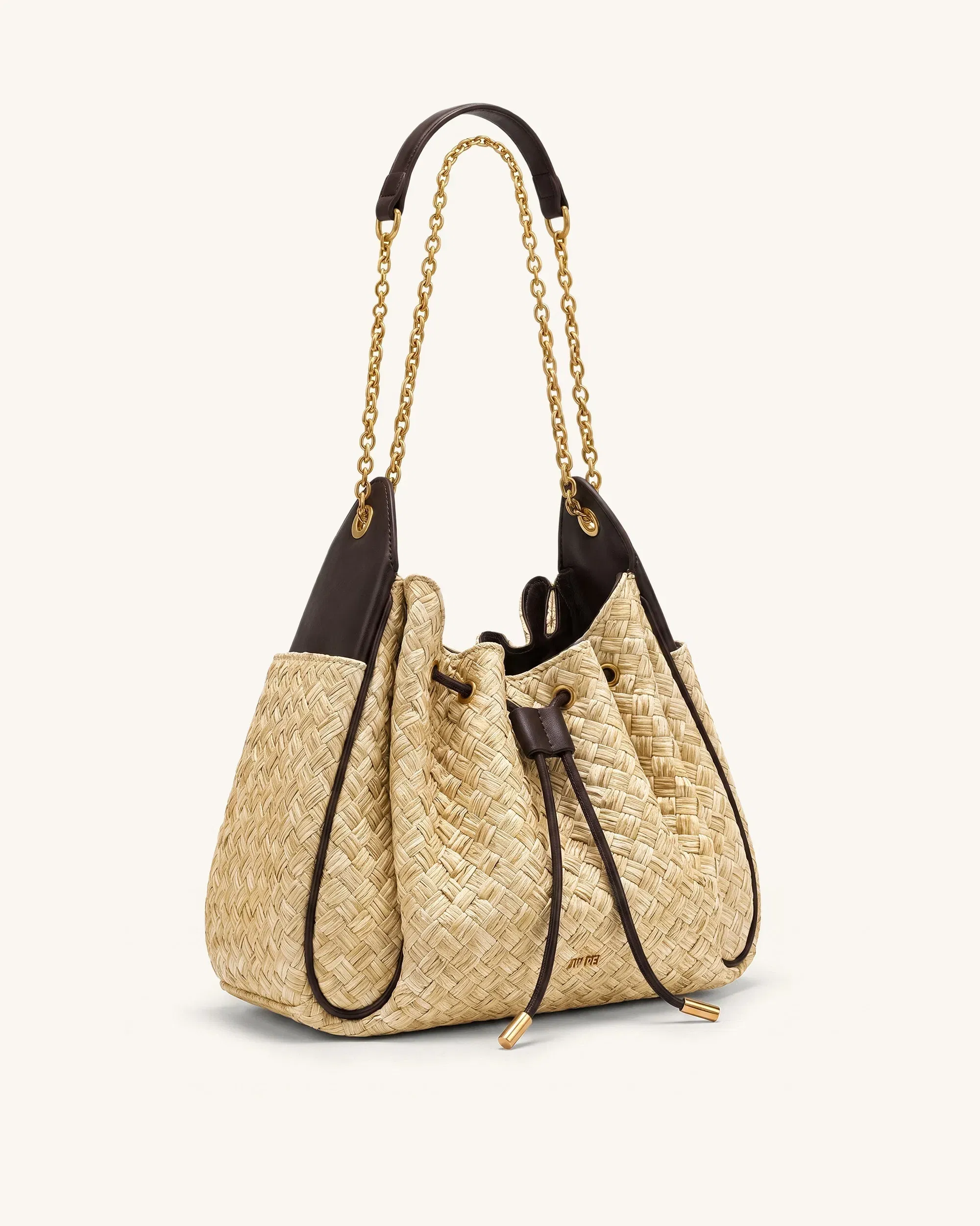 Jw Pei Rowan Faux Straw Ruched Drawstring Chain Bucket Bag Brown