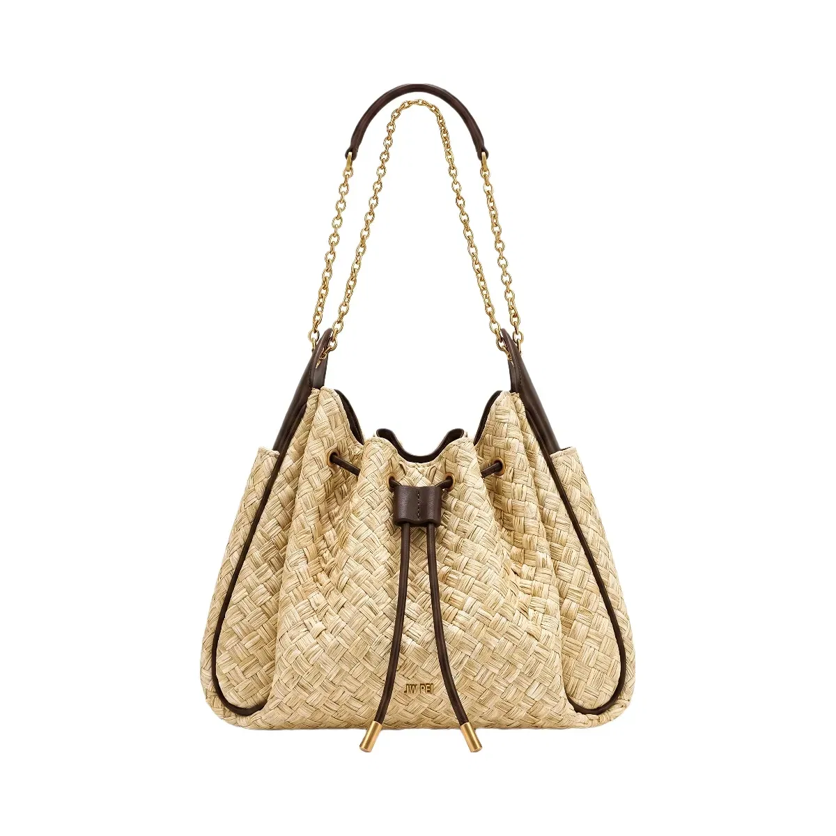 Jw Pei Rowan Faux Straw Ruched Drawstring Chain Bucket Bag Brown