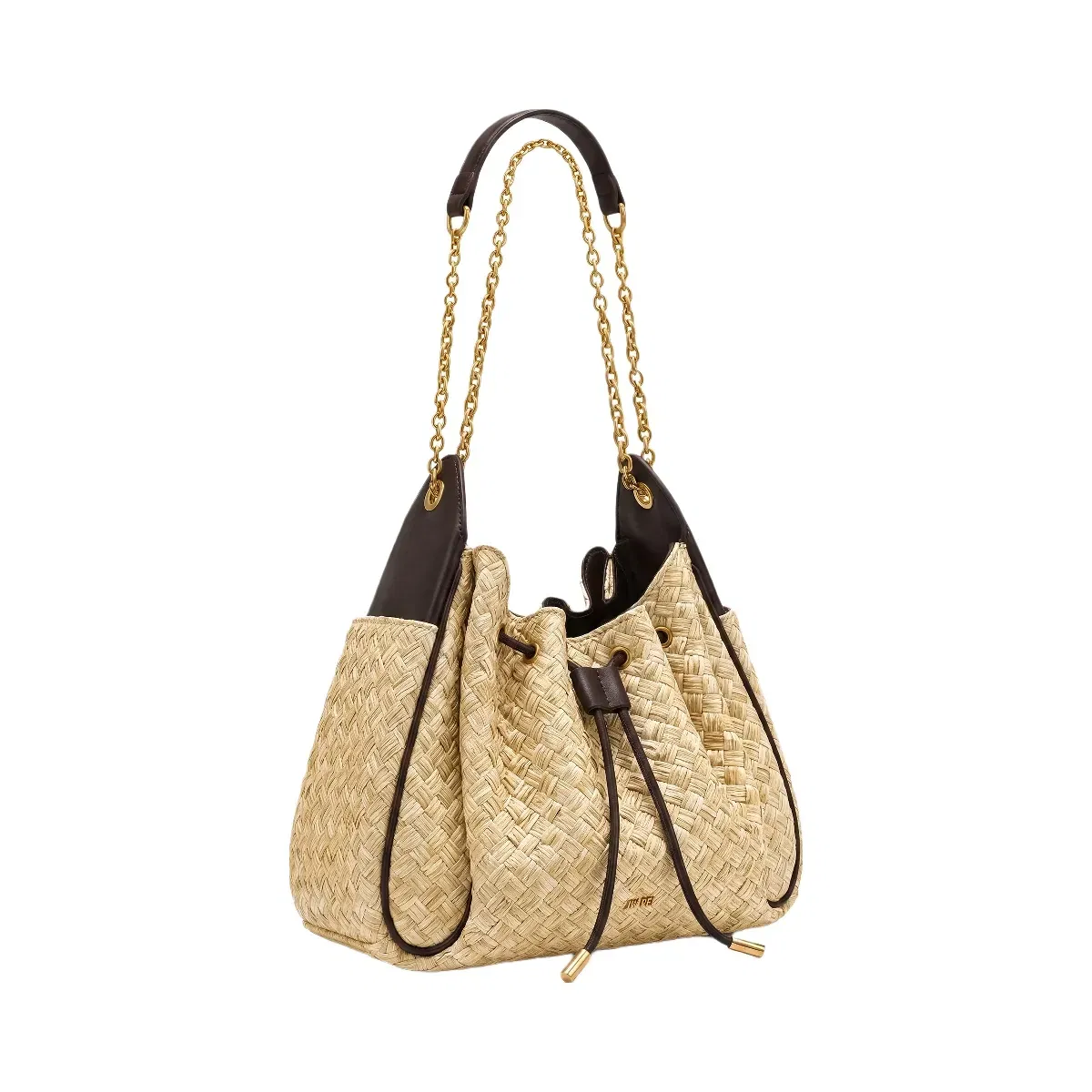 Jw Pei Rowan Faux Straw Ruched Drawstring Chain Bucket Bag Brown