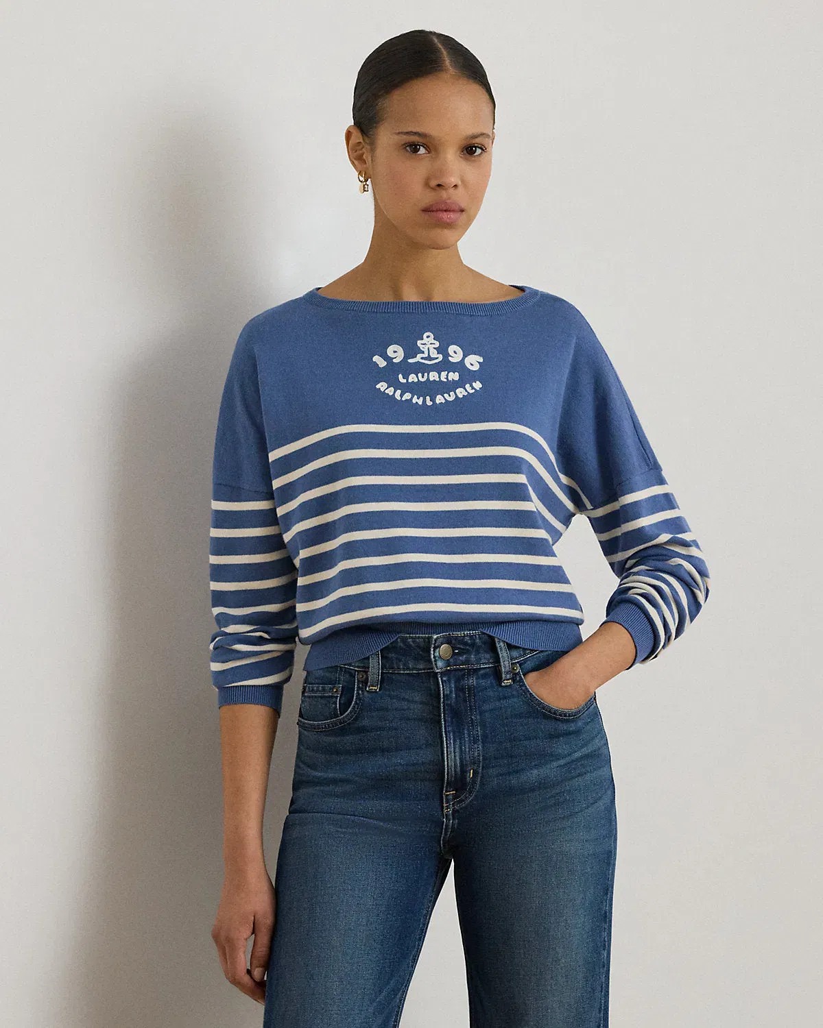 Ralph Lauren Logo Striped Cotton Boatneck Sweater