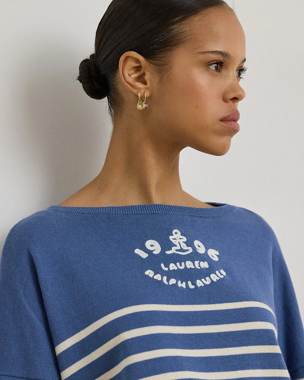 Ralph Lauren Logo Striped Cotton Boatneck Sweater
