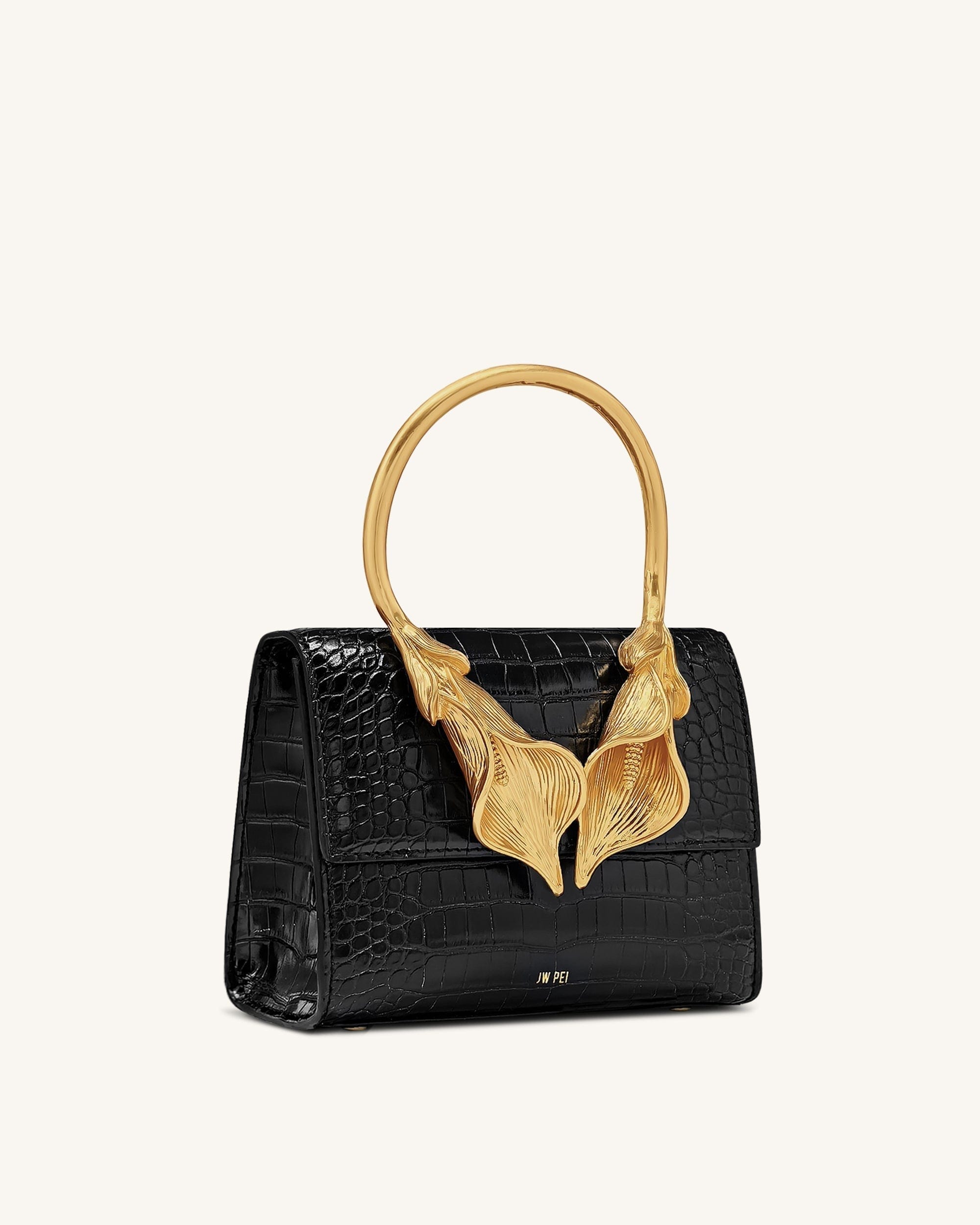 Jw Pei Astrid Calla Lily Metal Handle Top Handle Bag Black Croc