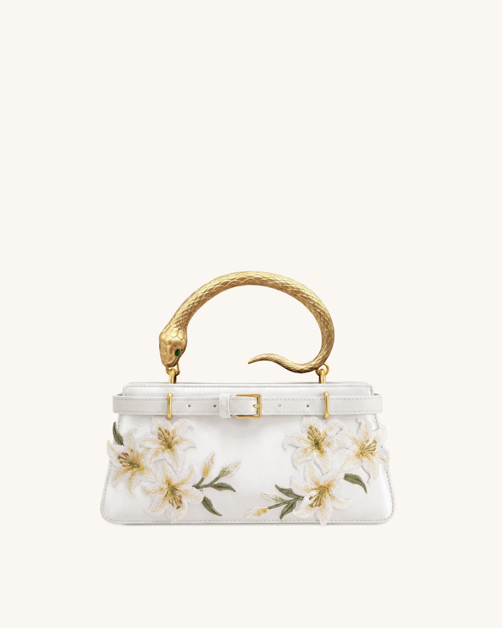 Jw Pei Elena Snake Handle Lily Embroidered Top Handle Bag White