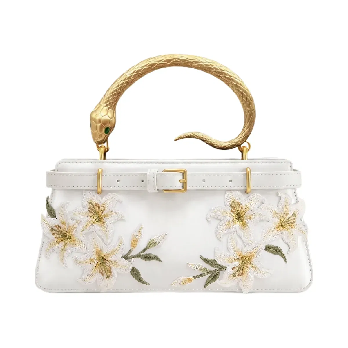 Jw Pei Elena Snake Handle Lily Embroidered Top Handle Bag White