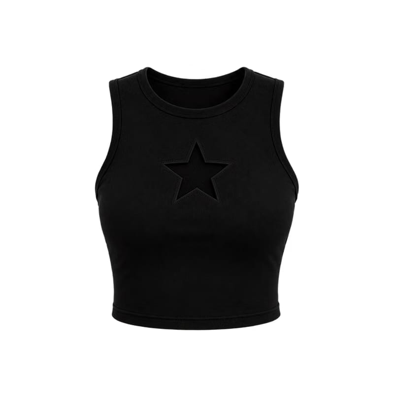 Voyd round-neck star cut-out crop top black.