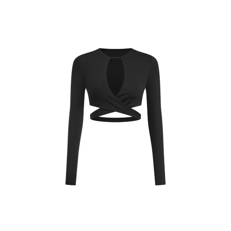 Voyd wrap-detail long-sleeve crop top Black.