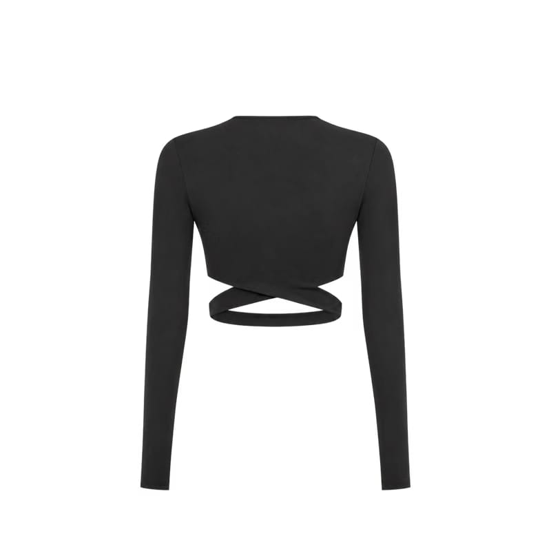 Voyd wrap-detail long-sleeve crop top Black.