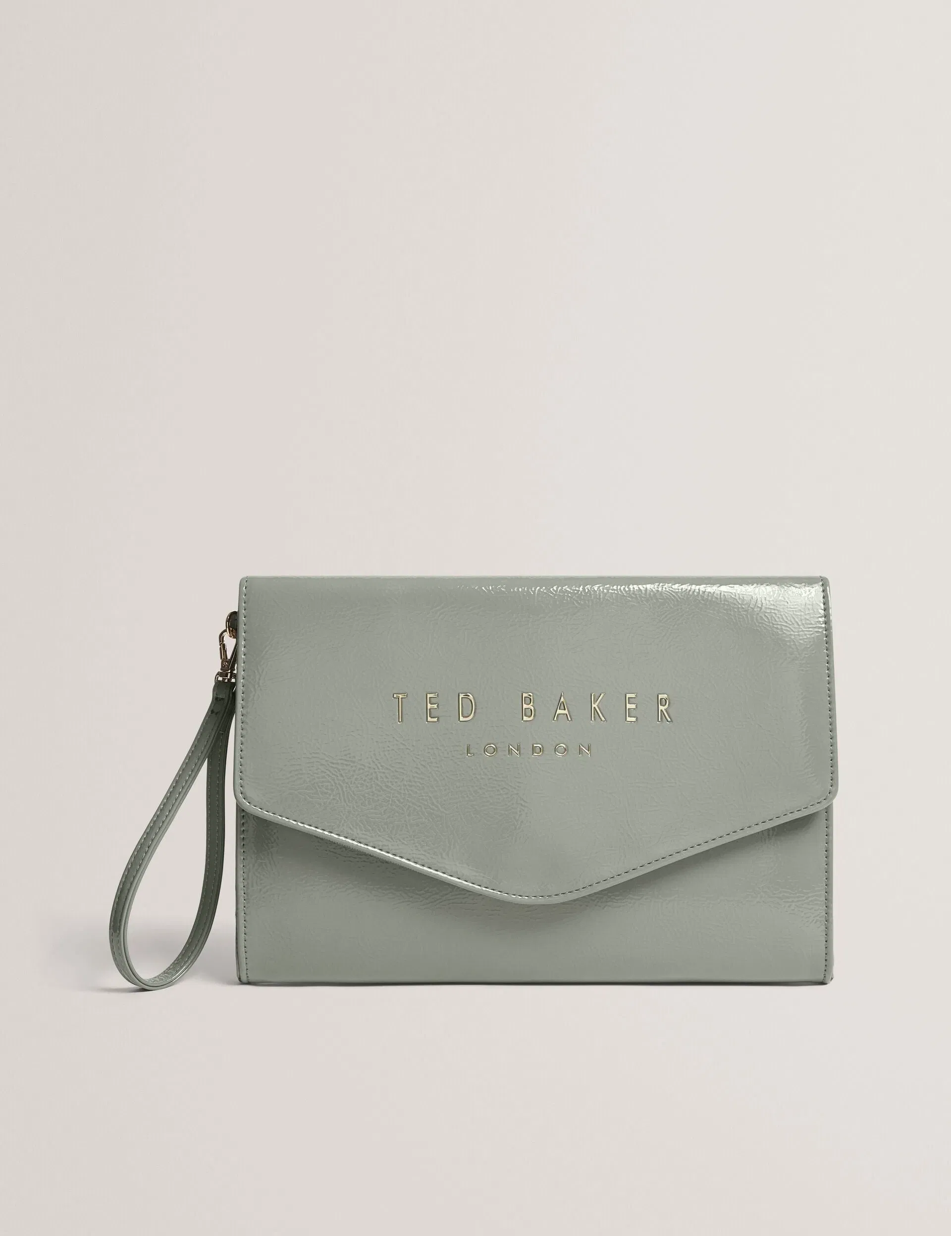Ted Baker Crinkie Patent Faux Leather Envelope Clutch Bag Grey Women's