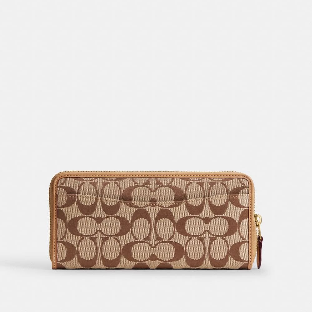 Coach Essential Slim Accordion Zip Wallet In Signature Jacquard Brass Khaki Light Peach