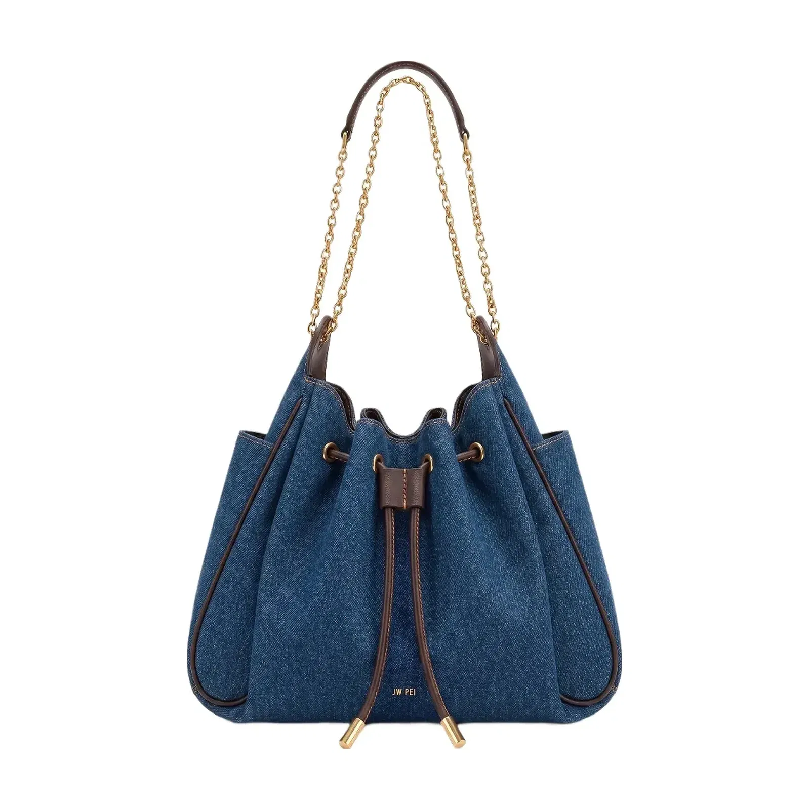Jw Pei Rowan Ruched Drawstring Chain Bucket Bag Dark Blue Denim