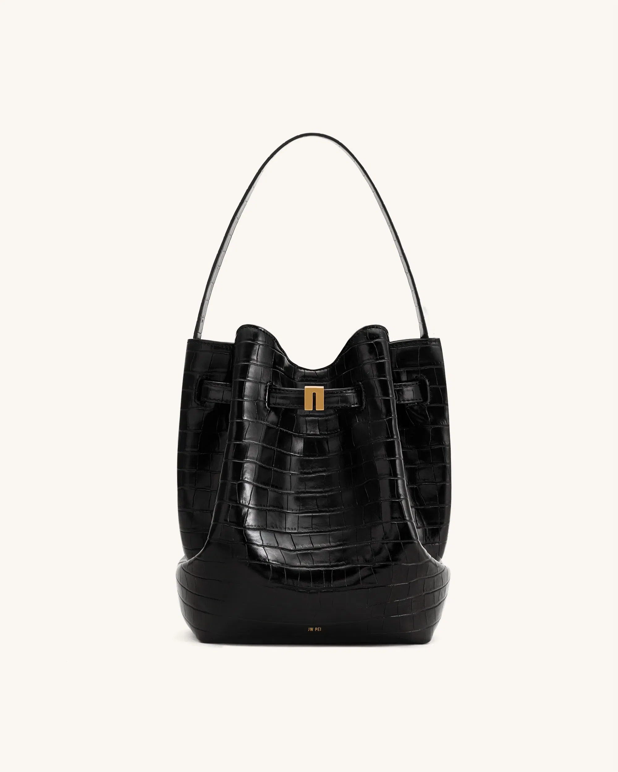 Jw Pei Clara Lock Accent Bucket Shoulder Bag Black Croc