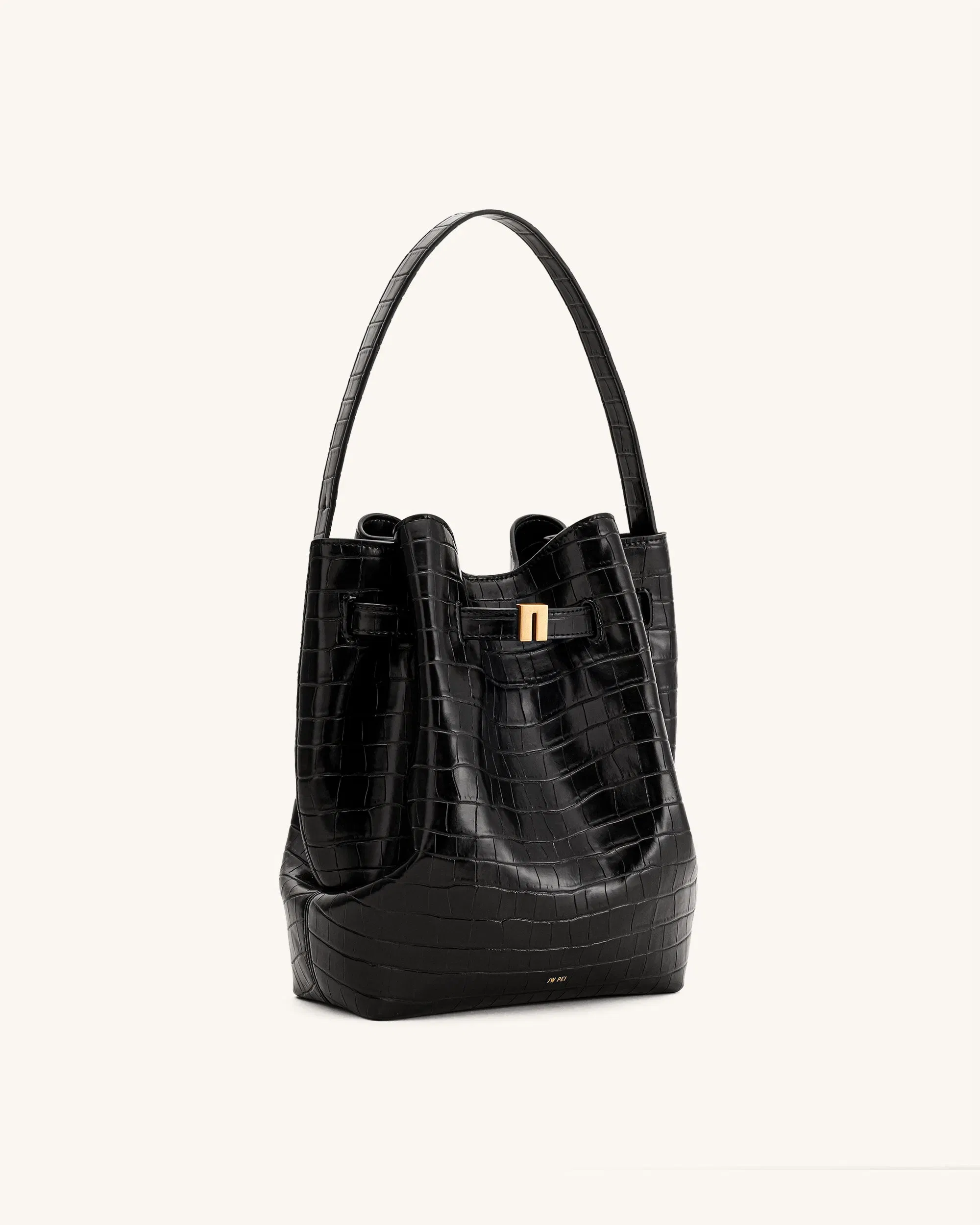 Jw Pei Clara Lock Accent Bucket Shoulder Bag Black Croc