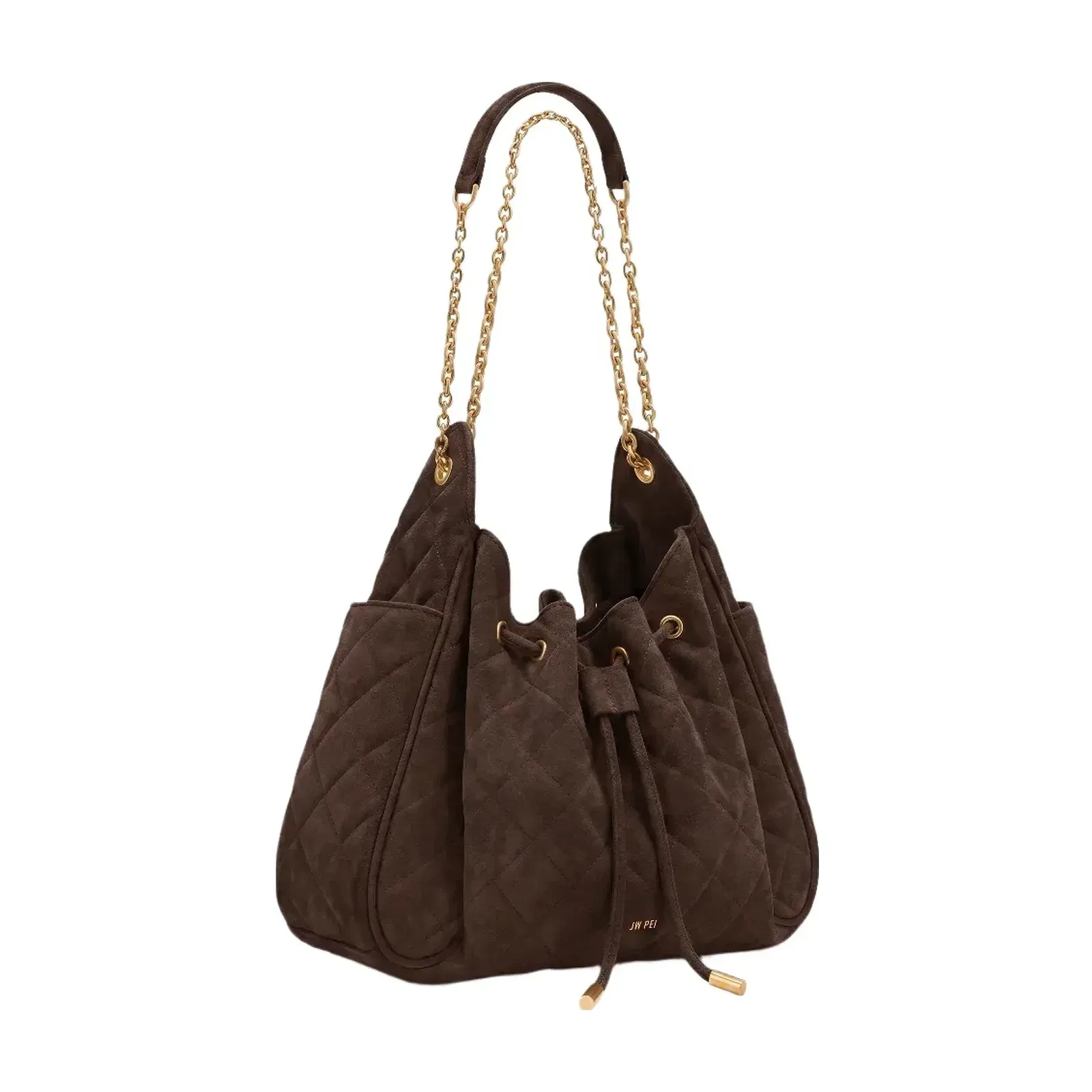 Jw Pei Rowan Faux Suede Quilted Chain Bucket Bag Dark Brown