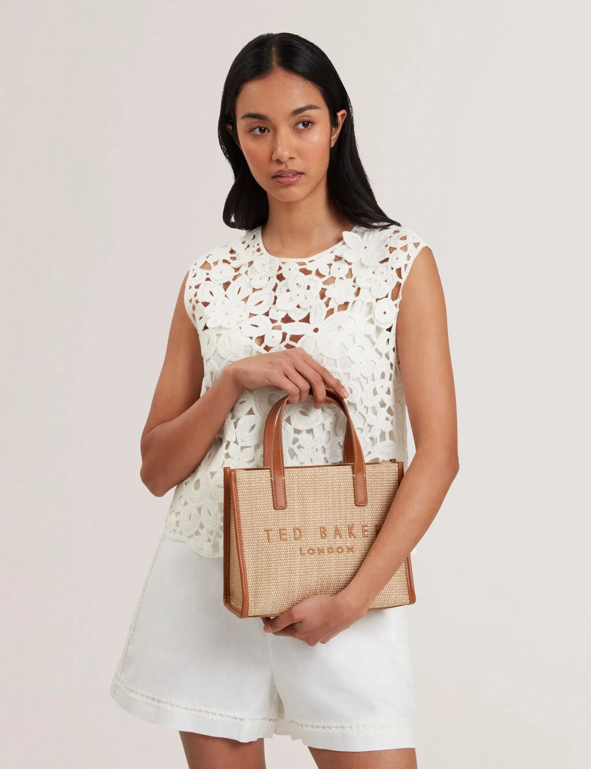 Ted Baker Paolina Raffia Pu Trim Small Icon Tote Bag Camel Women's