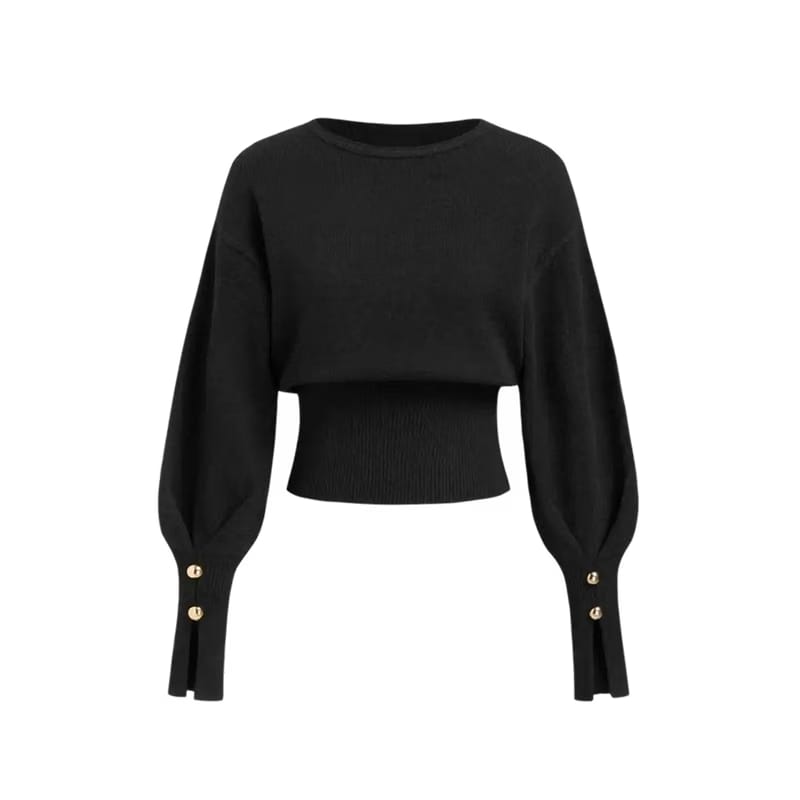 Voyd knit top with balloon sleeves and gold cuffs Black.
