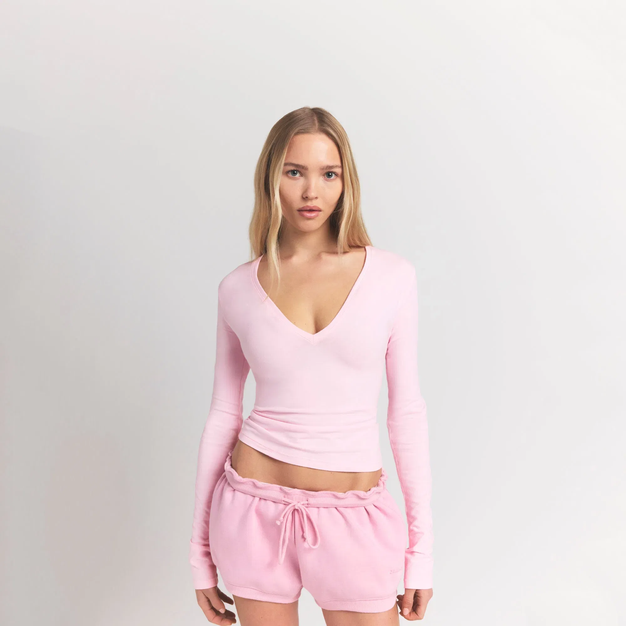 Cotton Jersey Long Sleeve Plunge Top