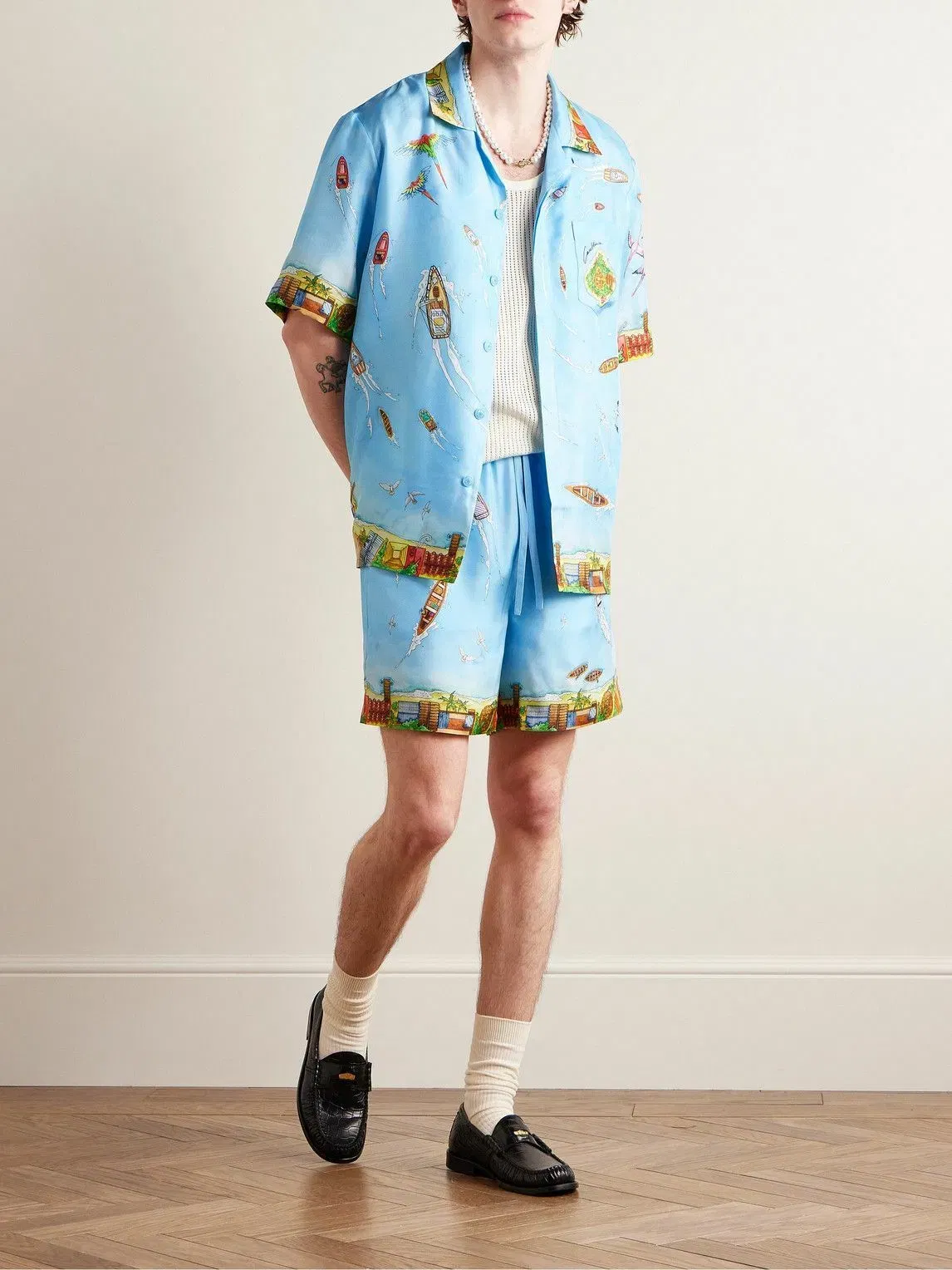 Casablanca Maison Sur Piloti Convertible-Collar Printed Silk-Twill Shirt