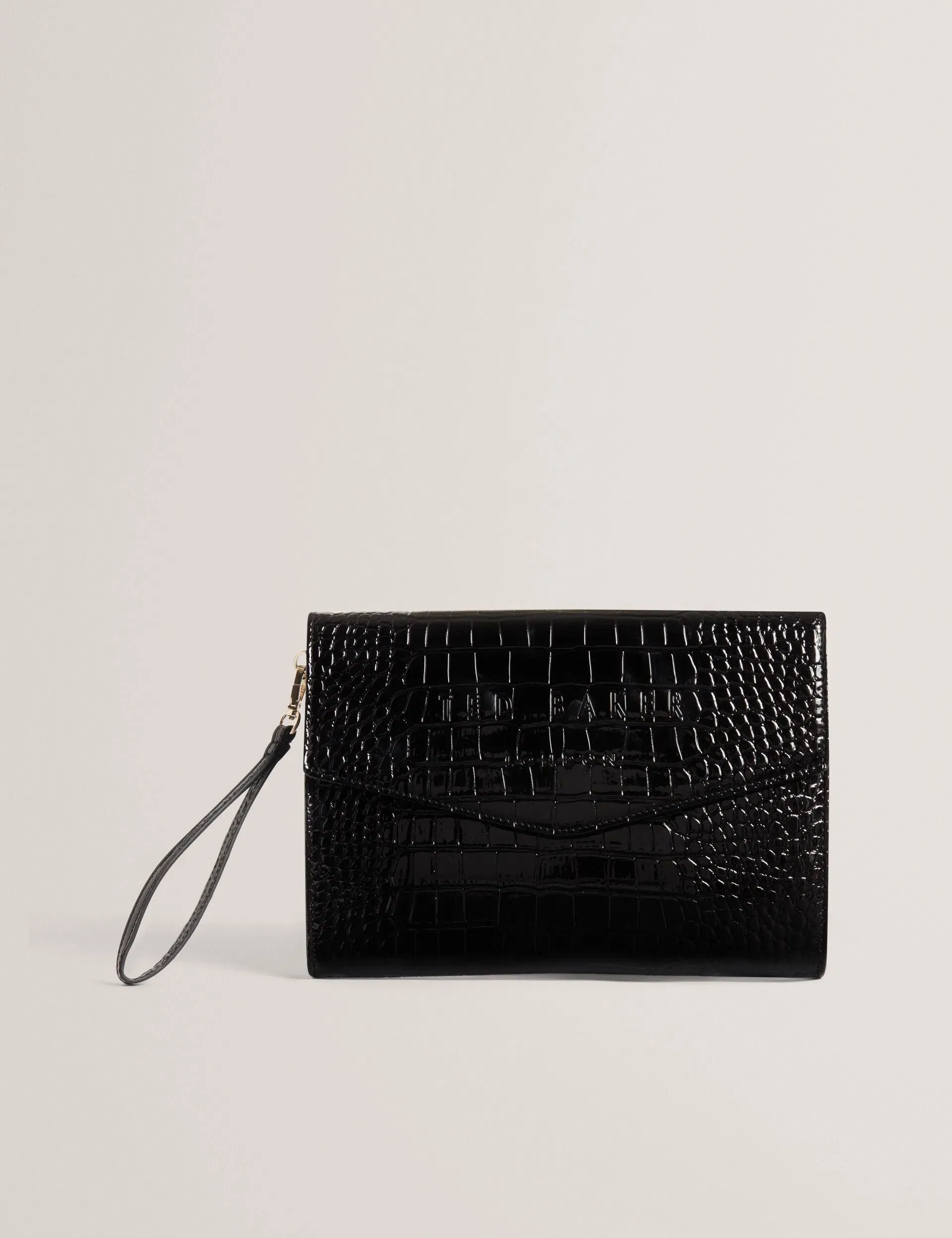Ted Baker Crocey Patent Croc Effect Envelope Clutch Bag In Jet Black Women's