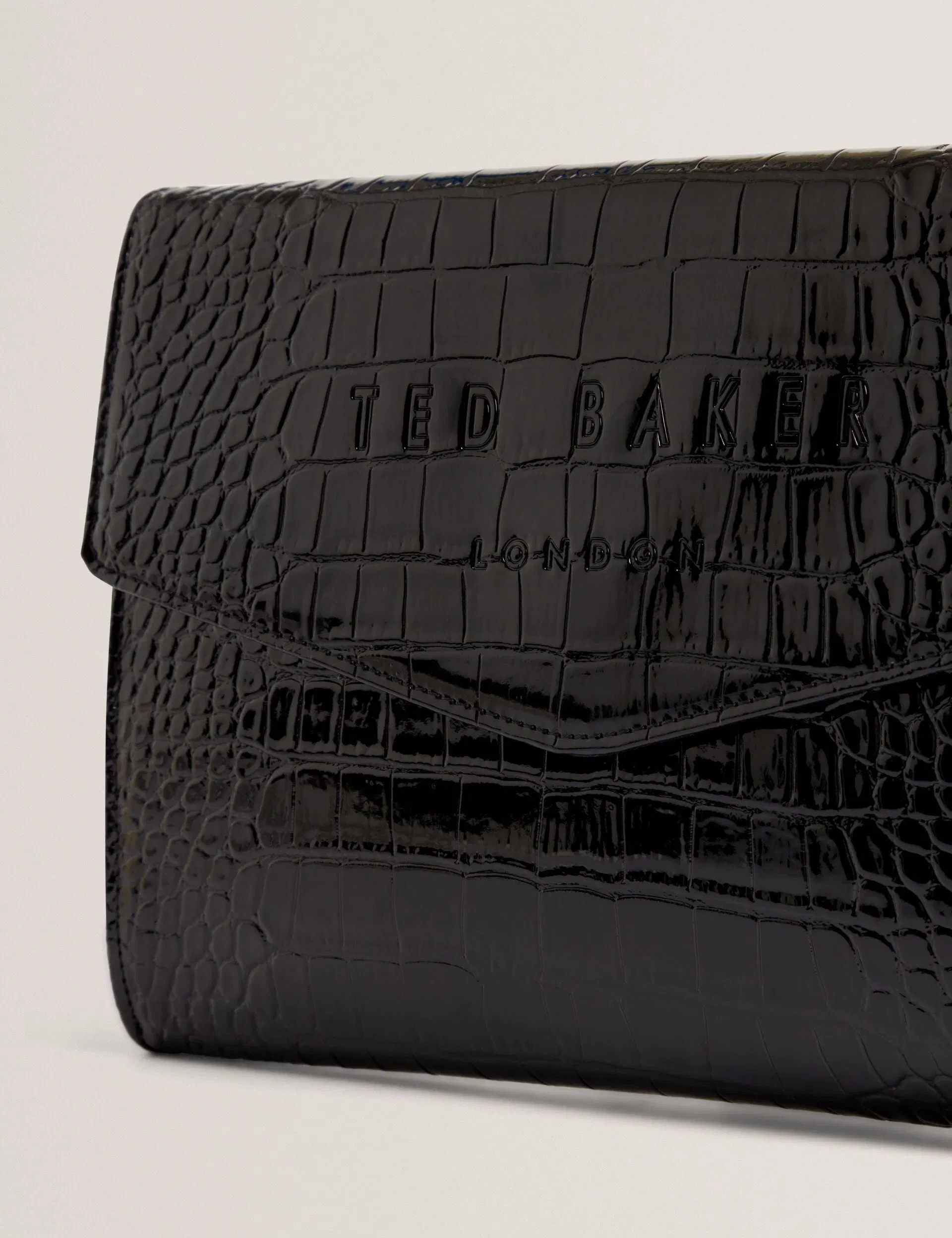 Ted Baker Crocey Patent Croc Effect Envelope Clutch Bag In Jet Black Women's