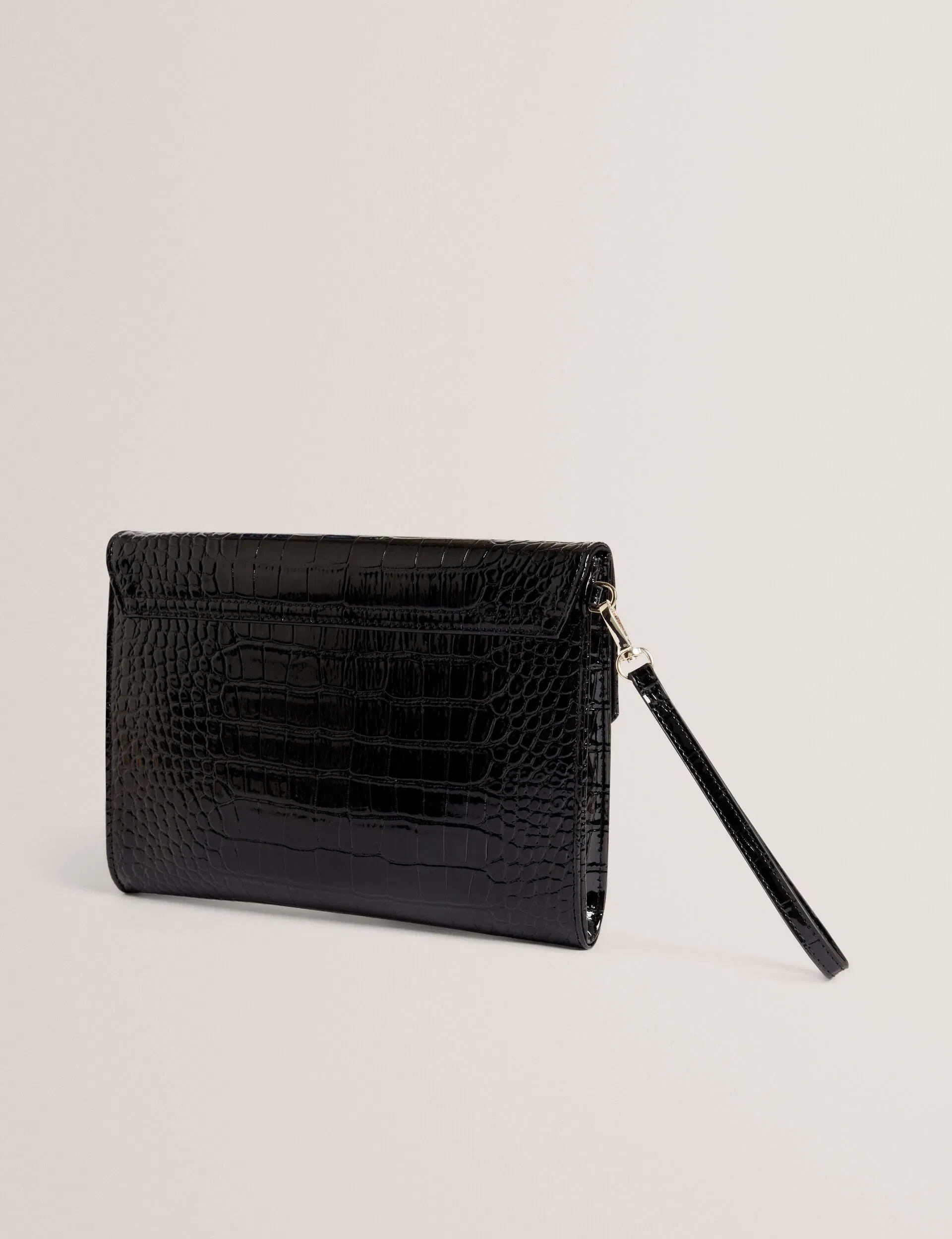 Ted Baker Crocey Patent Croc Effect Envelope Clutch Bag In Jet Black Women's