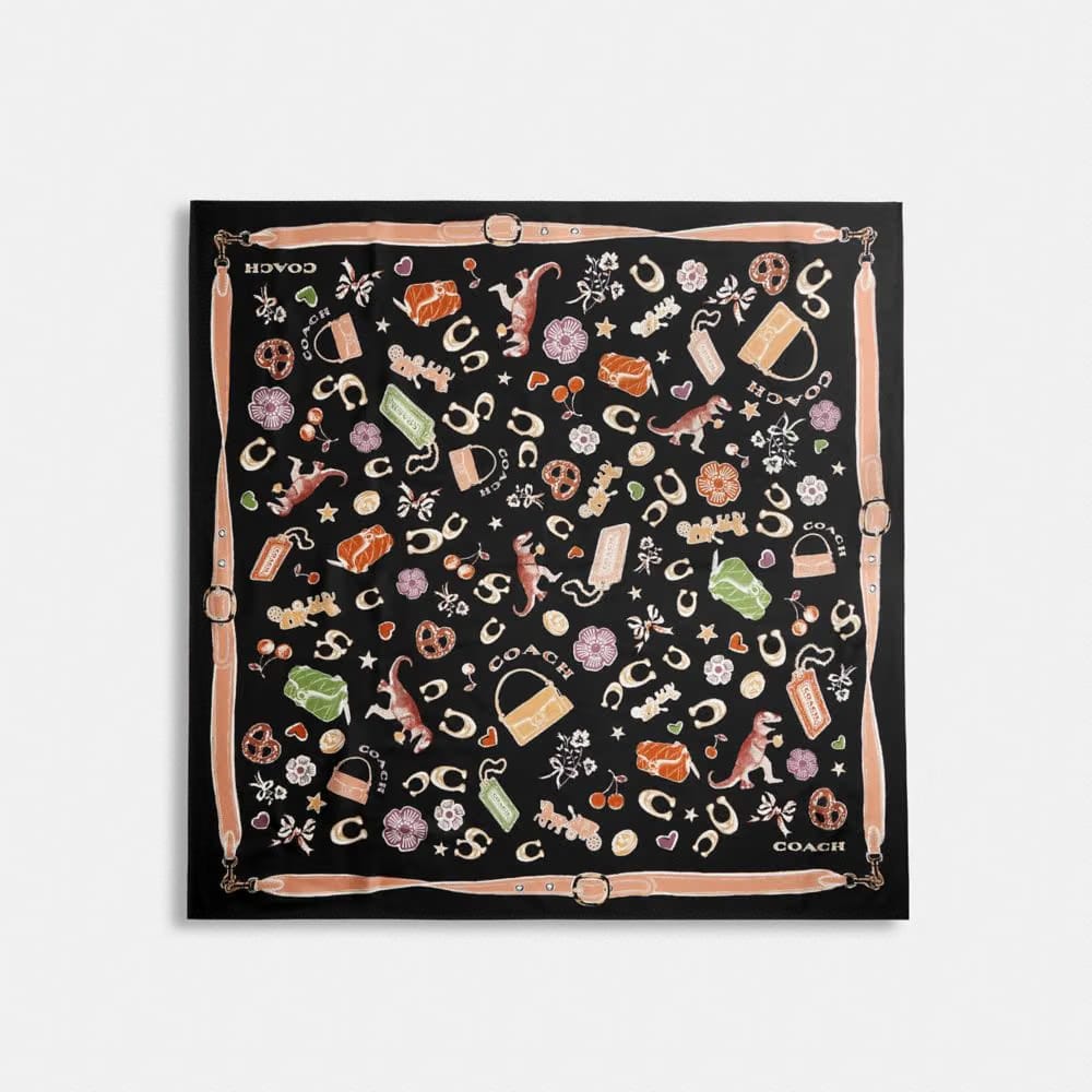 Coach Iconic Motifs Print Silk Square Scarf Black
