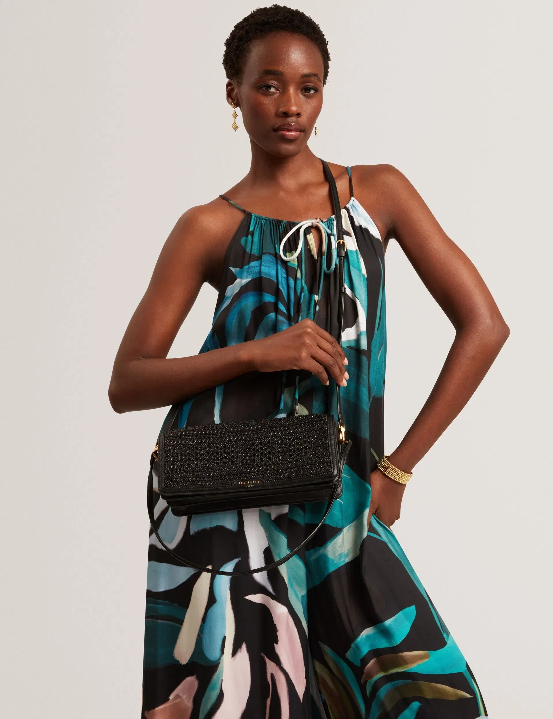 Ted Baker Pettria Raffia Panel Foldover Baguette Shoulder Bag Black Women's