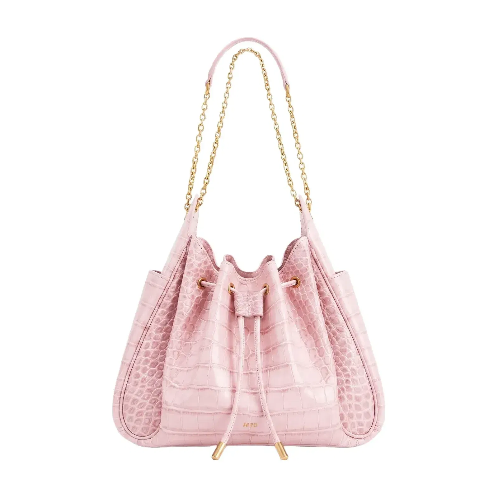 Jw Pei Rowan Ruched Drawstring Chain Bucket Bag Pink Croc