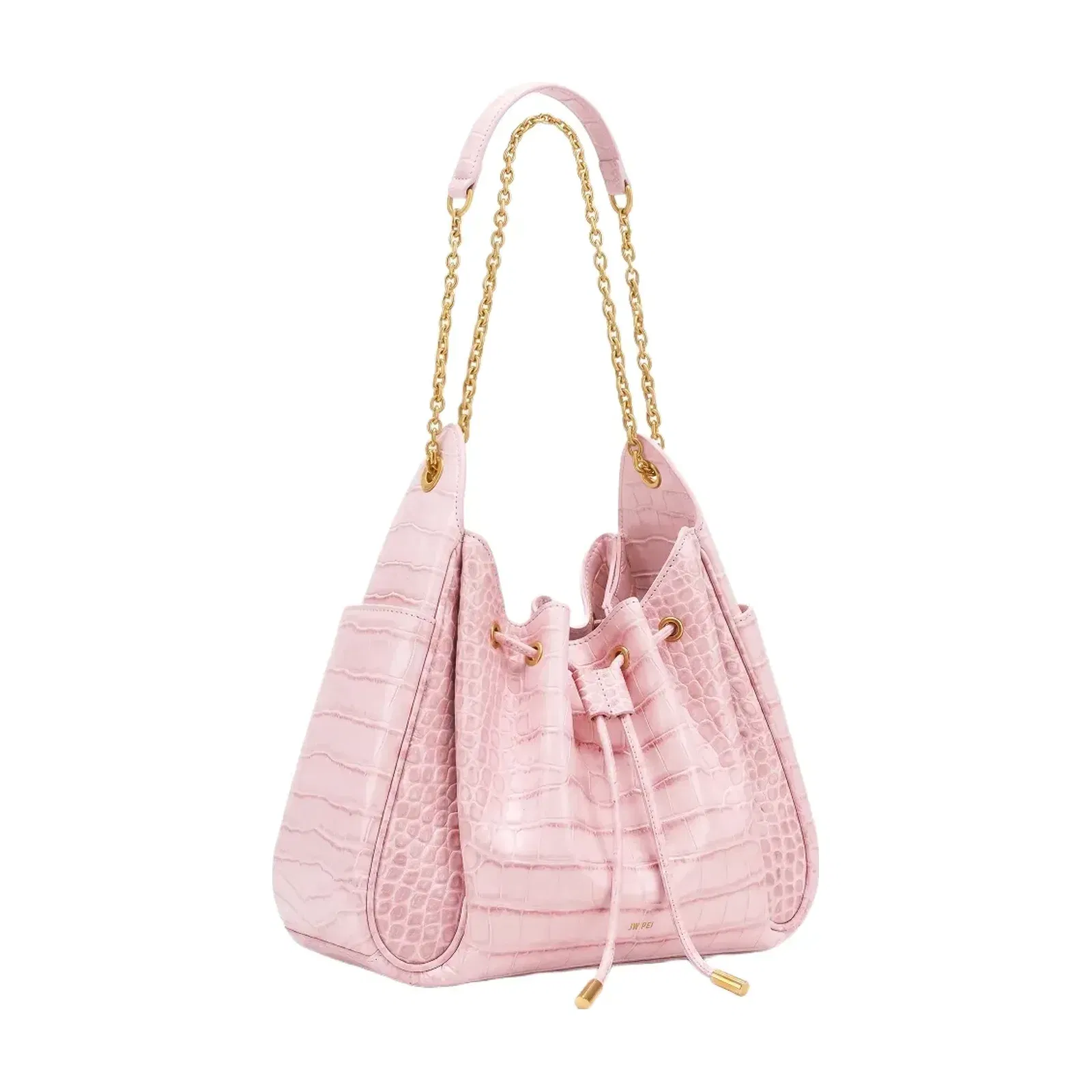 Jw Pei Rowan Ruched Drawstring Chain Bucket Bag Pink Croc