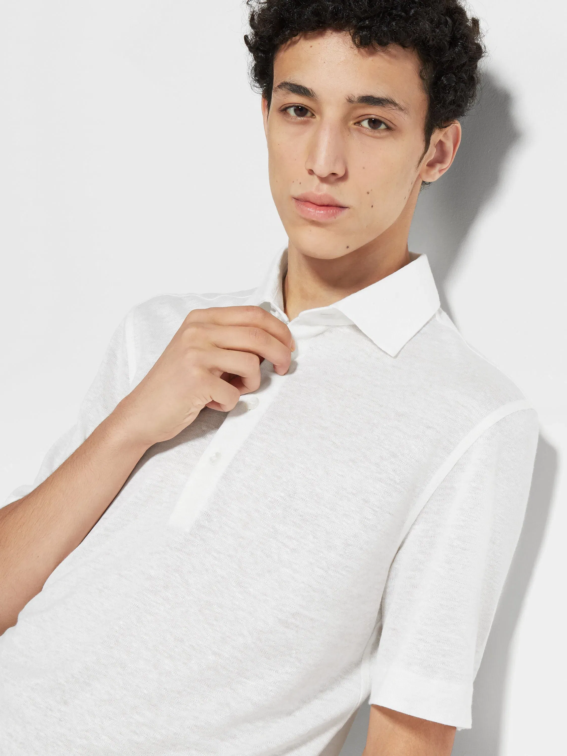 Zegna Optical White Linen Polo Shirt