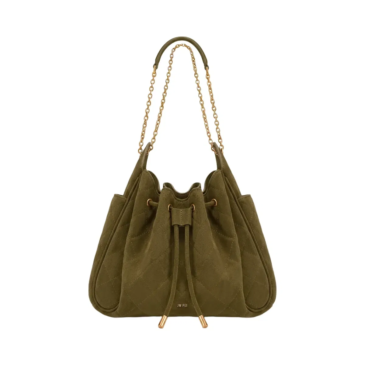 Jw Pei Rowan Faux Suede Quilted Chain Bucket Bag Olive Green