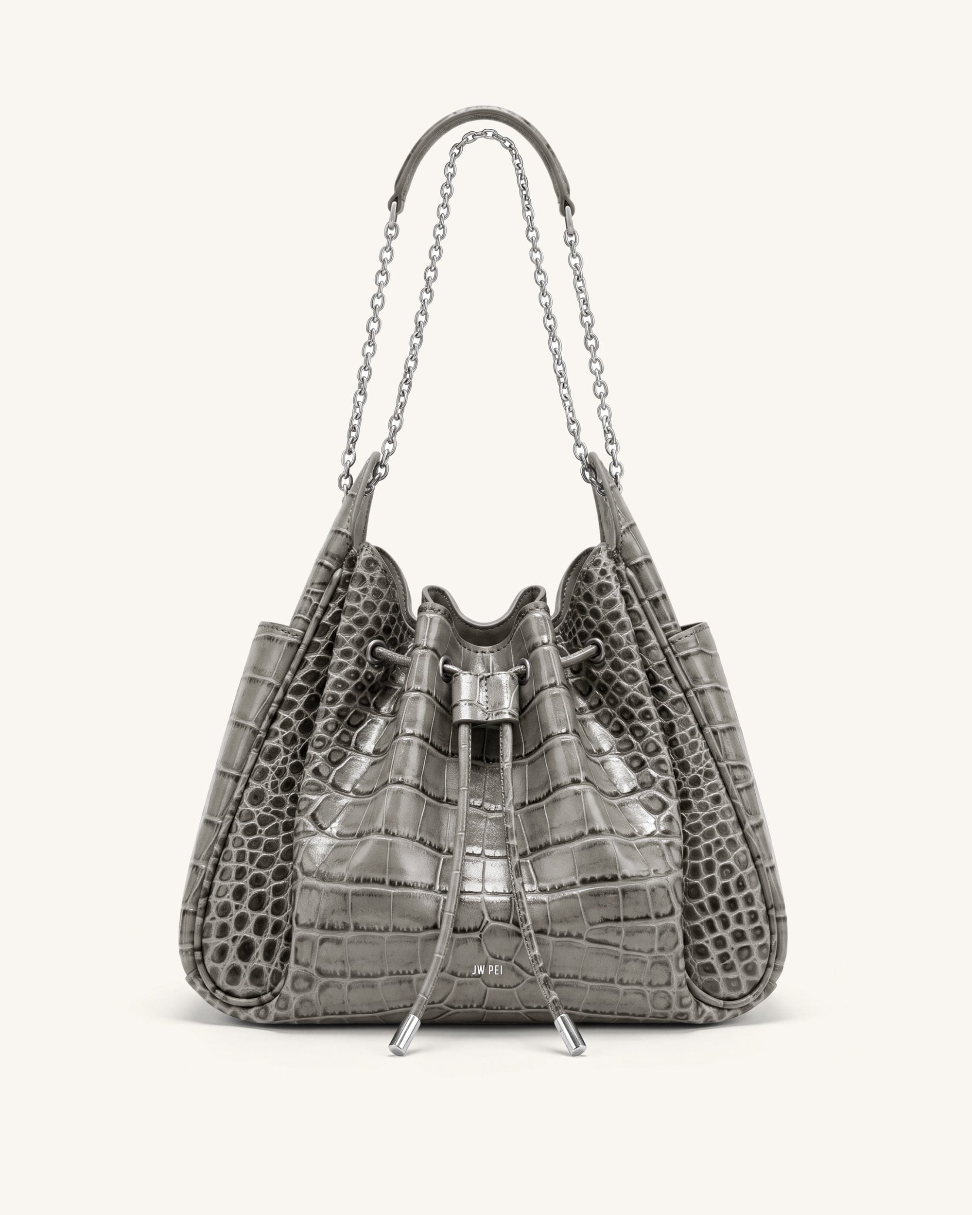 Jw Pei Rowan Ruched Drawstring Chain Bucket Bag Grey Croc