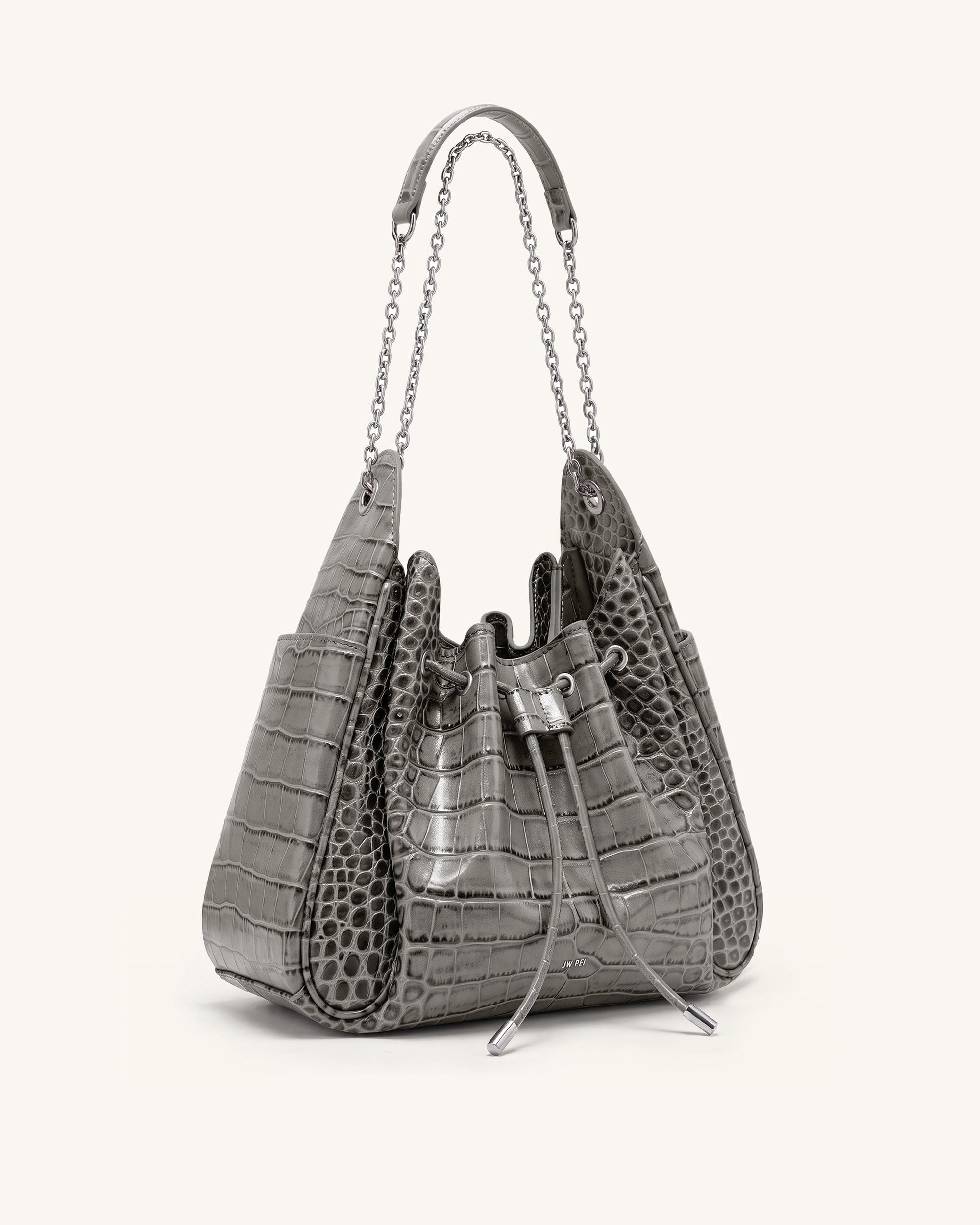 Jw Pei Rowan Ruched Drawstring Chain Bucket Bag Grey Croc