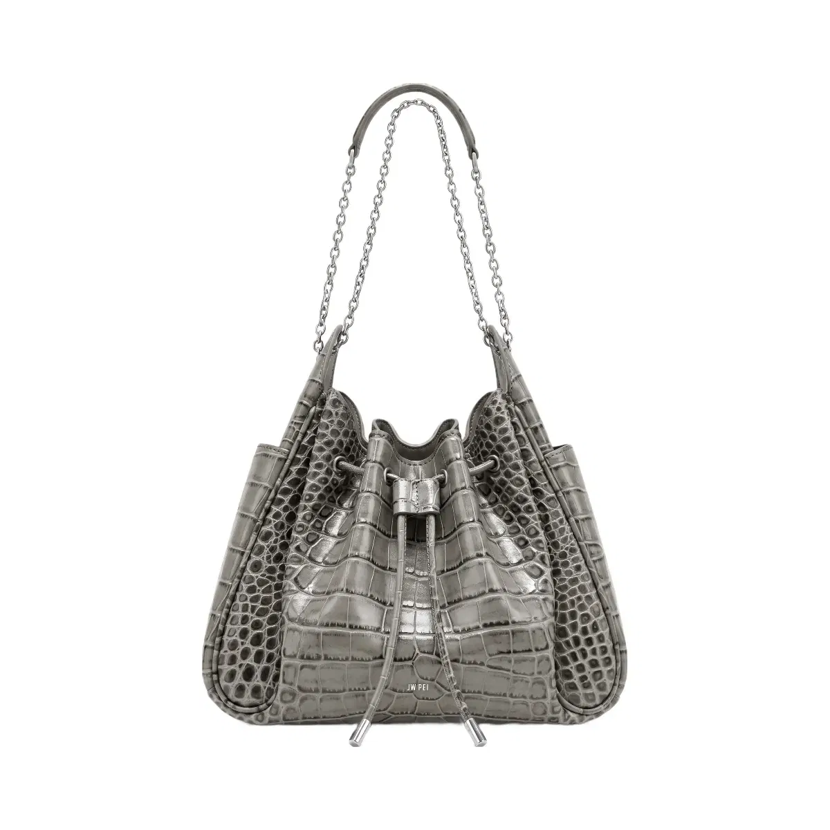 Jw Pei Rowan Ruched Drawstring Chain Bucket Bag Grey Croc