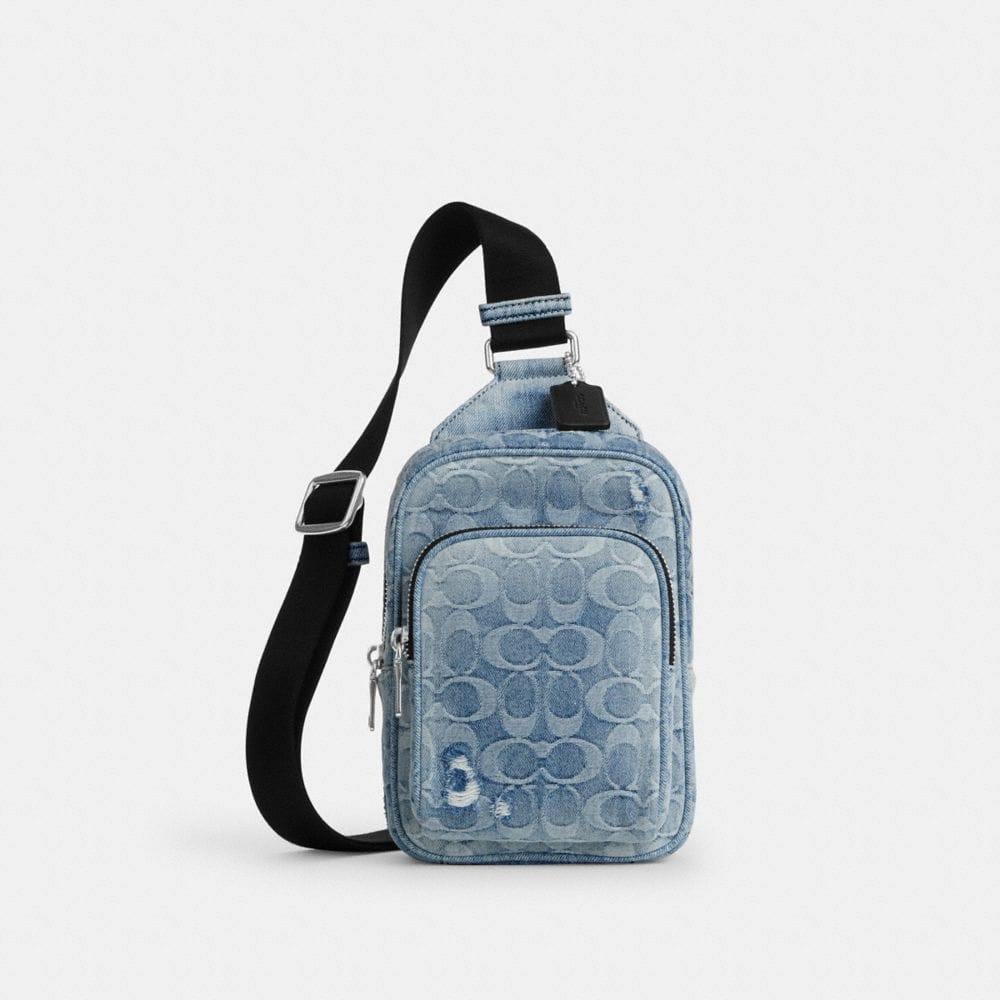 Coach Racer Sling Pack In Loved Signature Denim Silver Light Indigo