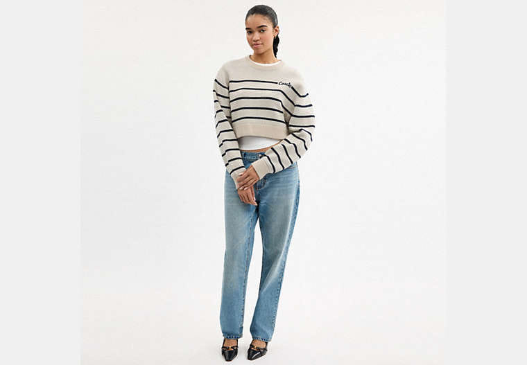 Cursive Signature Striped Cropped Sweater