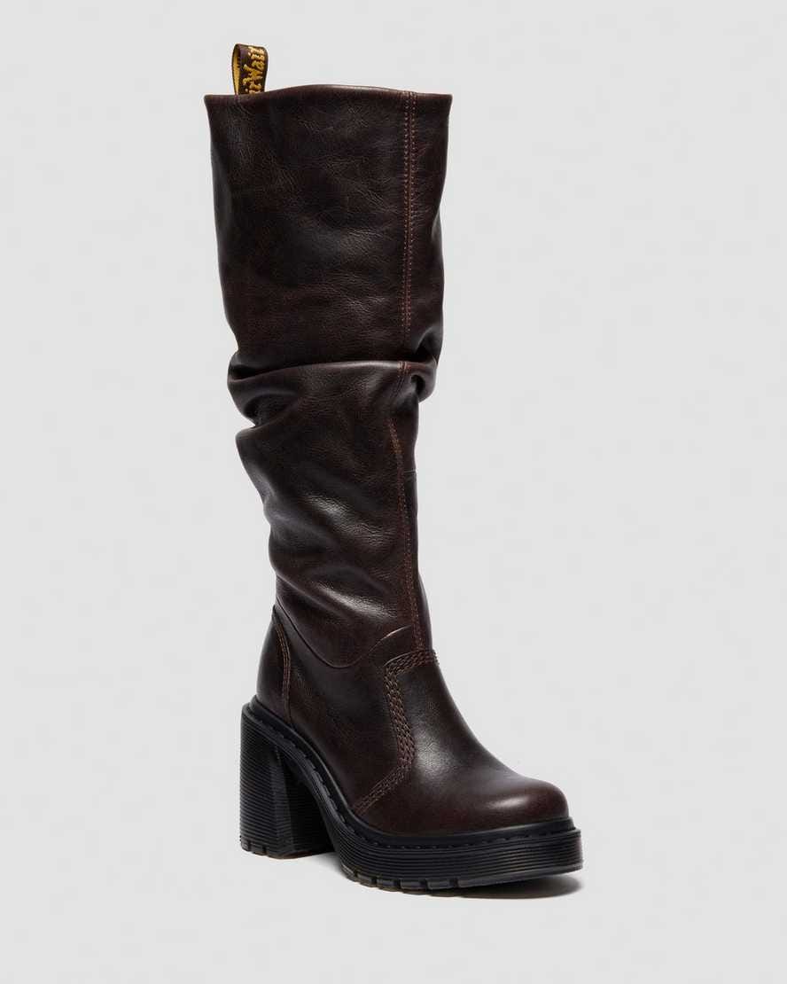 Kasey Kinsley Leather Knee High Heeled Boots — DARK BROWN