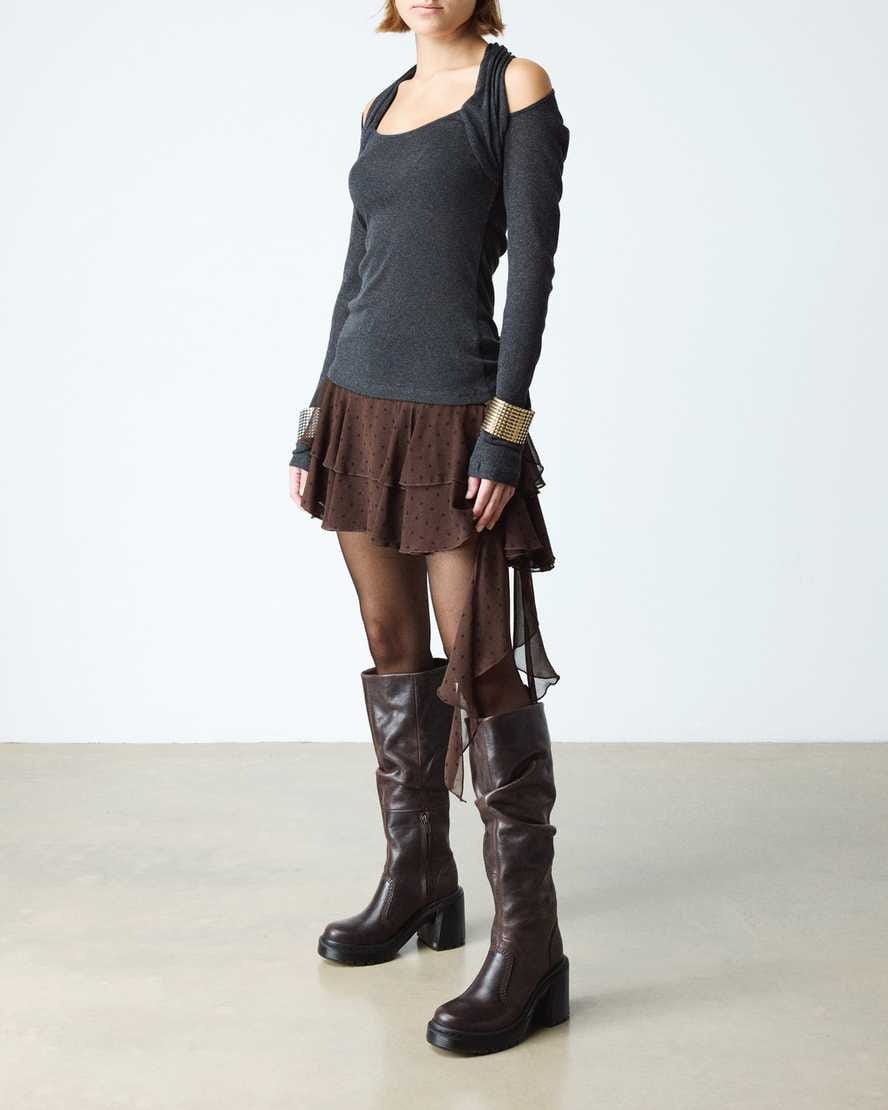 Kasey Kinsley Leather Knee High Heeled Boots — DARK BROWN