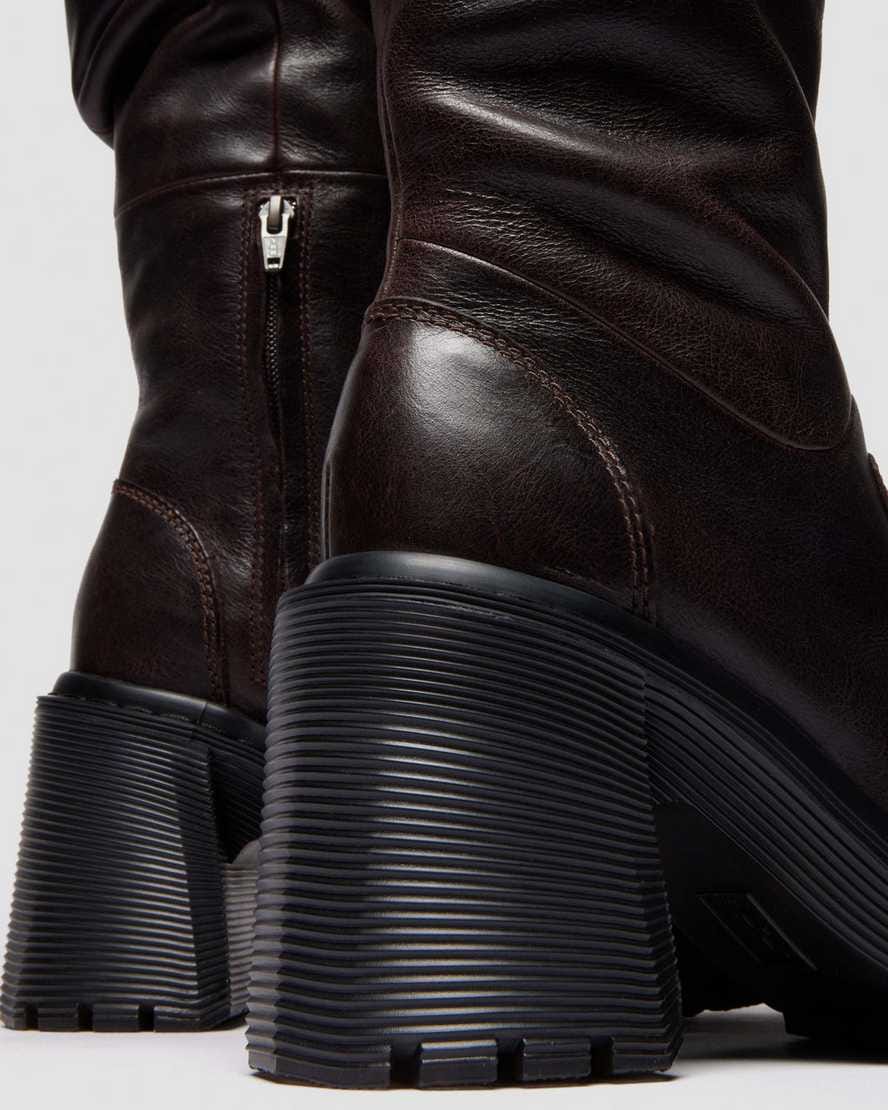 Kasey Kinsley Leather Knee High Heeled Boots — DARK BROWN