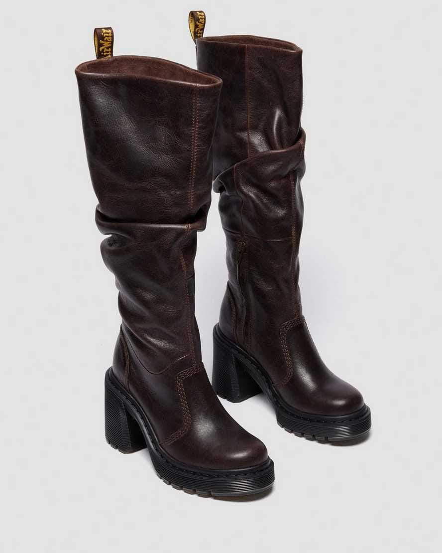 Kasey Kinsley Leather Knee High Heeled Boots — DARK BROWN