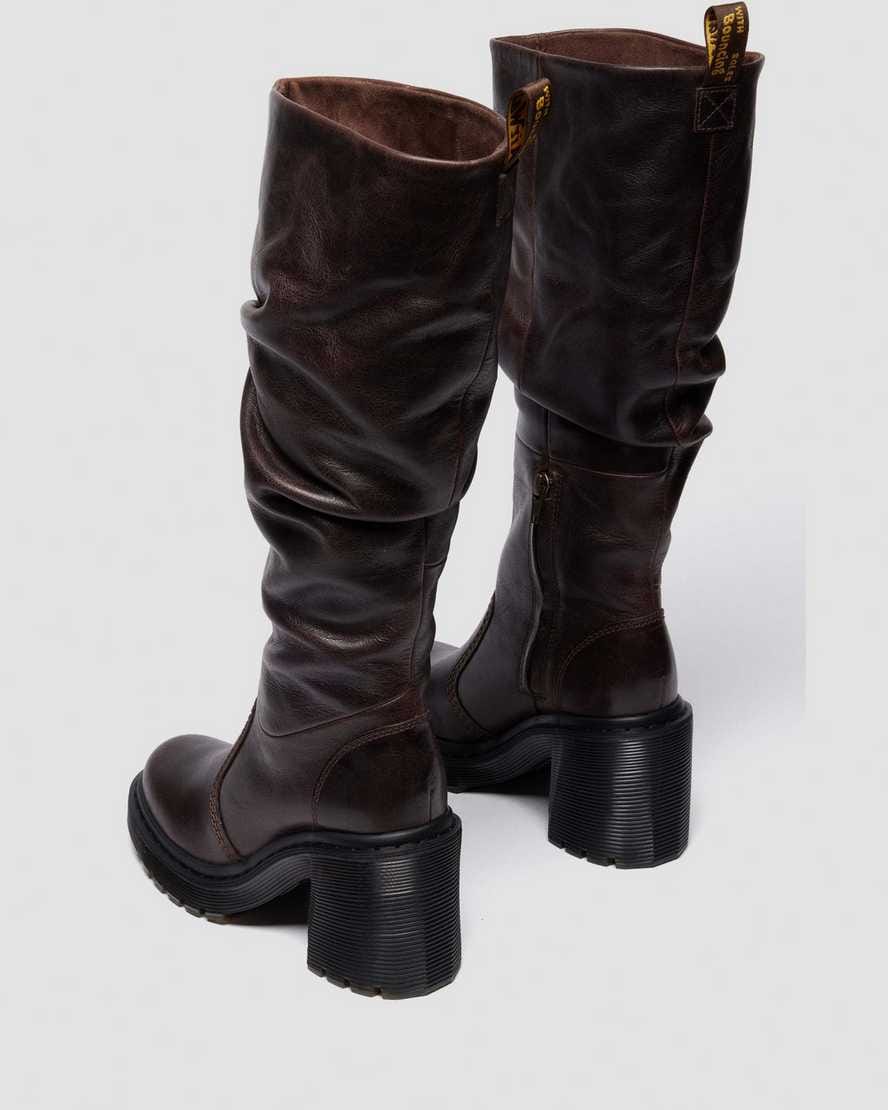Kasey Kinsley Leather Knee High Heeled Boots — DARK BROWN